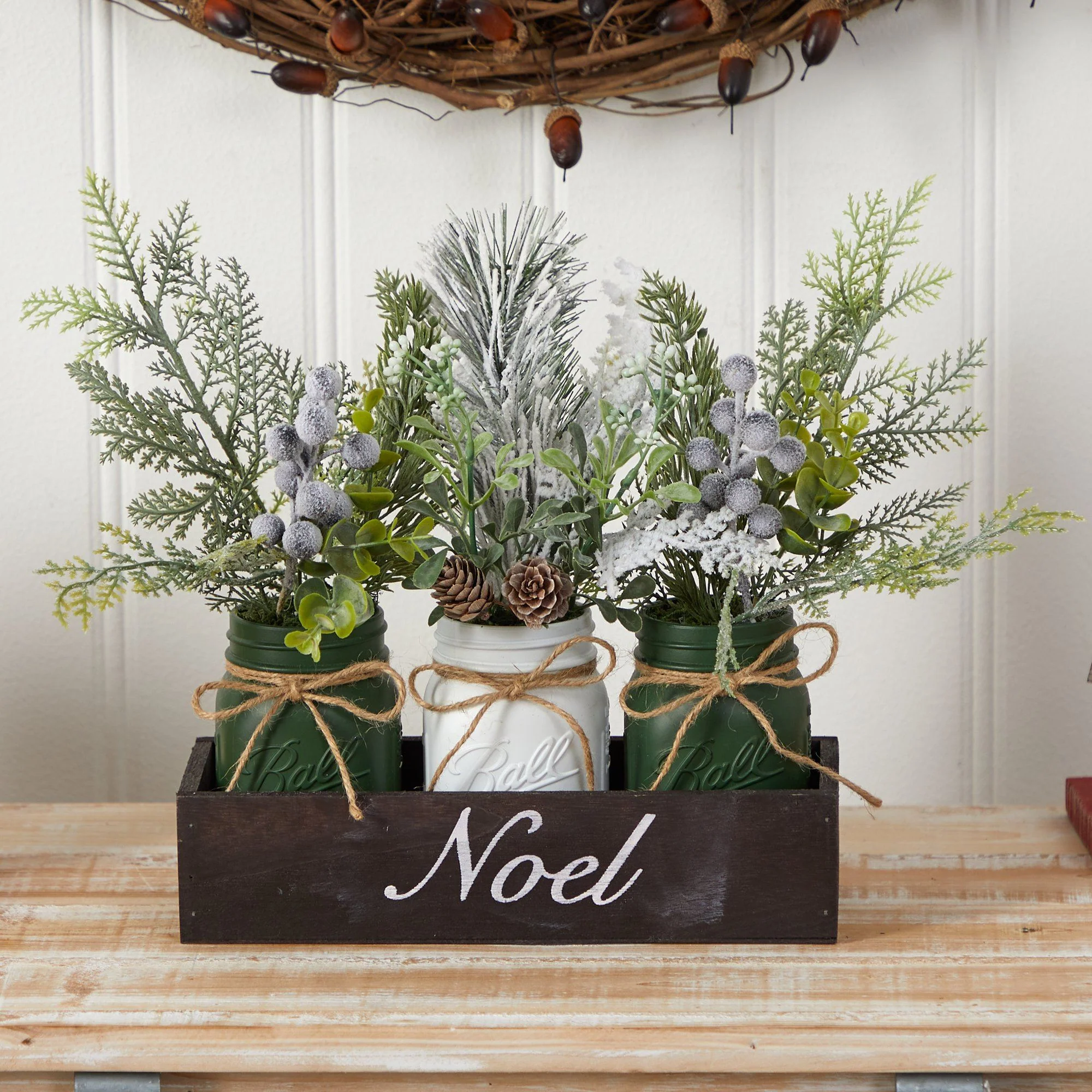 12” Holiday Winter Pine, Berries and Pine Cone Three Piece Mason Jar “Noel” Table Arrangement Décor - Image 3