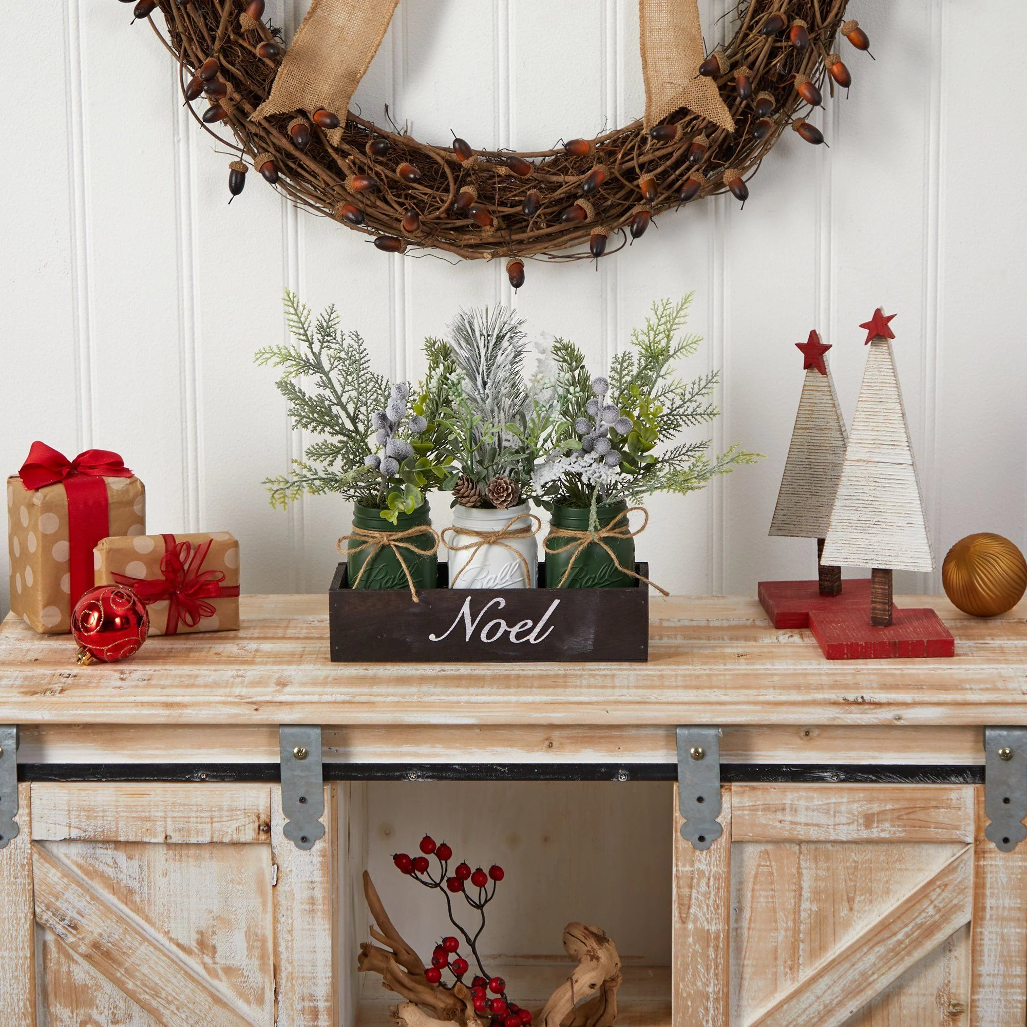 12” Holiday Winter Pine, Berries and Pine Cone Three Piece Mason Jar “Noel” Table Arrangement Décor - Image 4