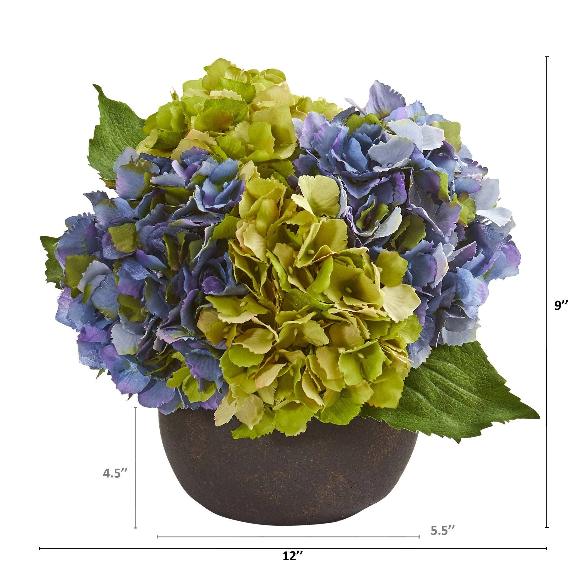12” Hydrangea Artificial Arrangement in Stone Brown Vase - Image 2