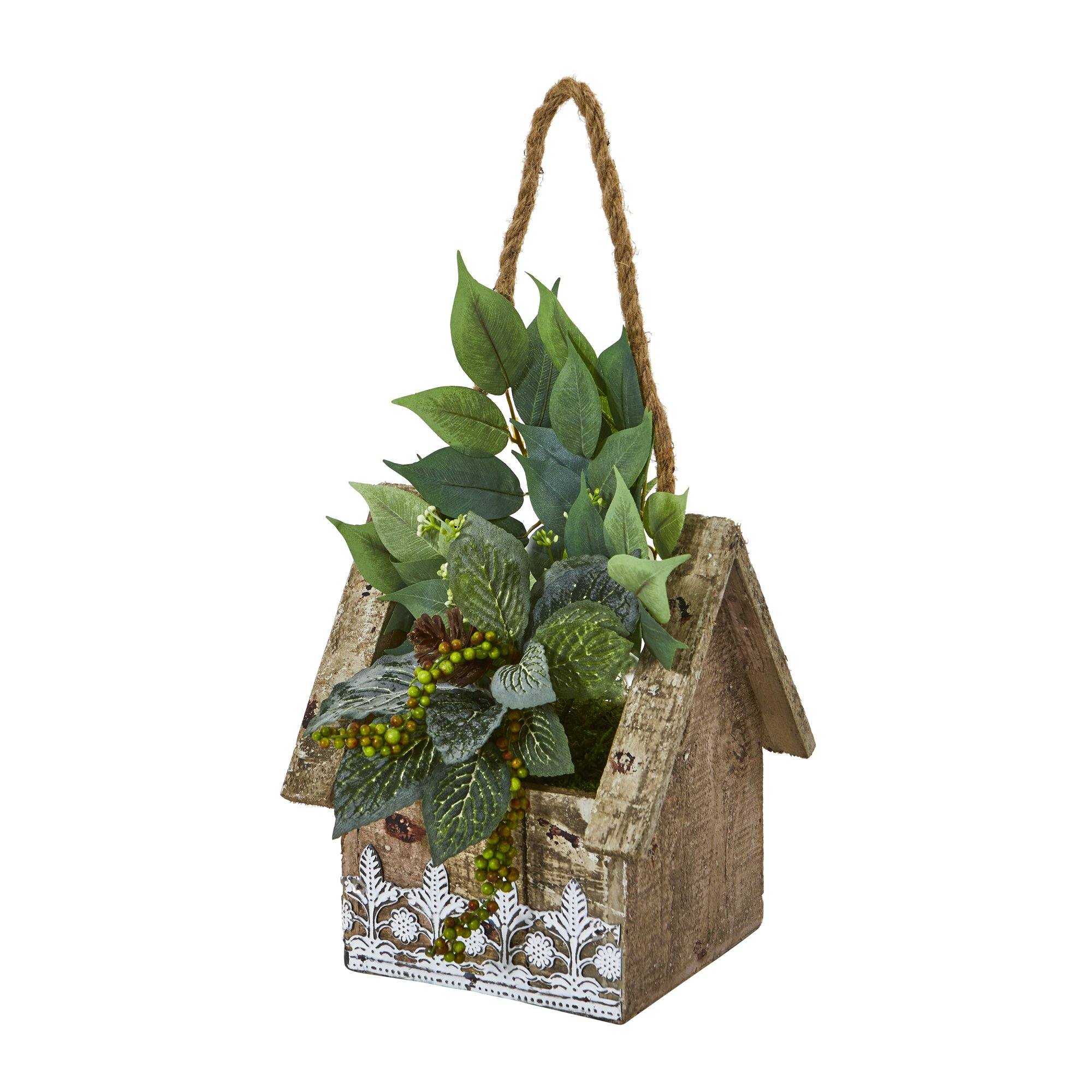 12” Mixed Ficus and Fittonia Artificial Plant in Hanging Floral Design House Planter - Image 3