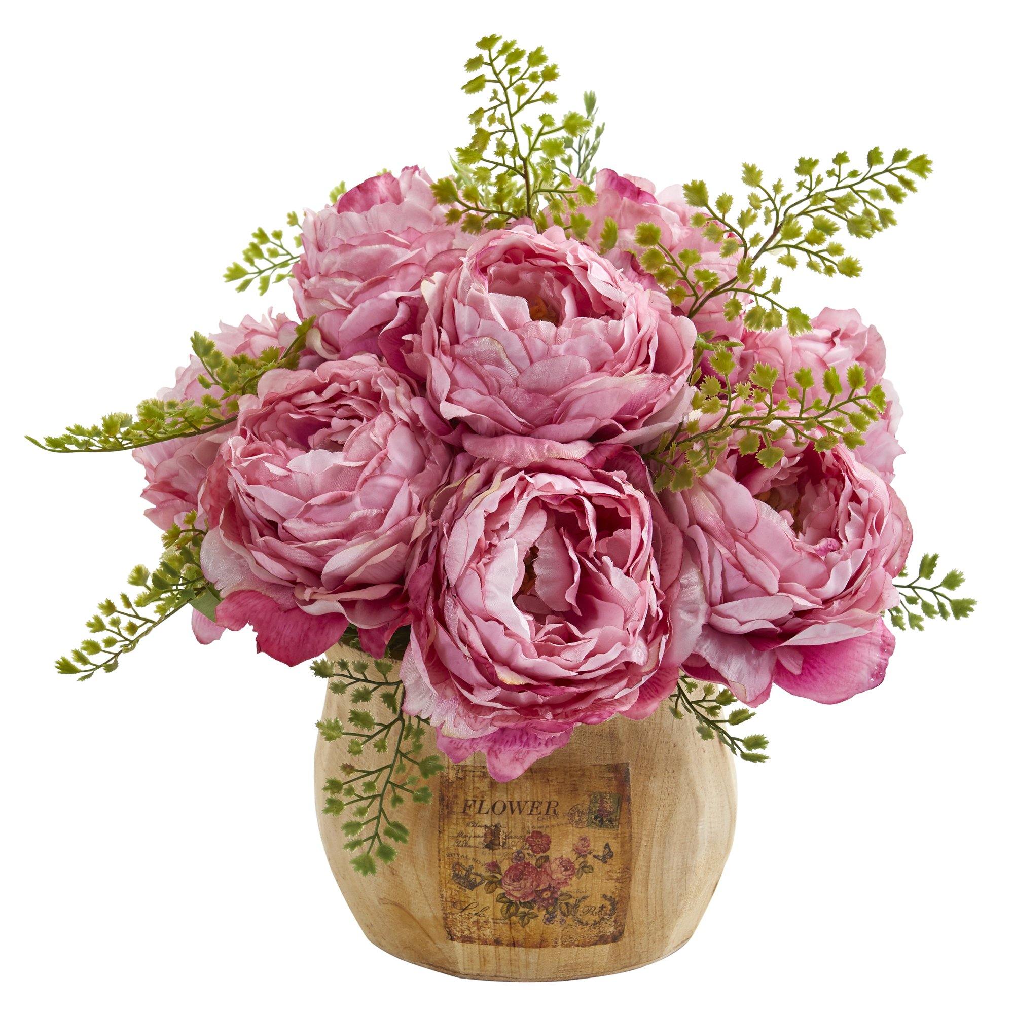 12” Peony Artificial Arrangement in Decorative Planter - Image 3