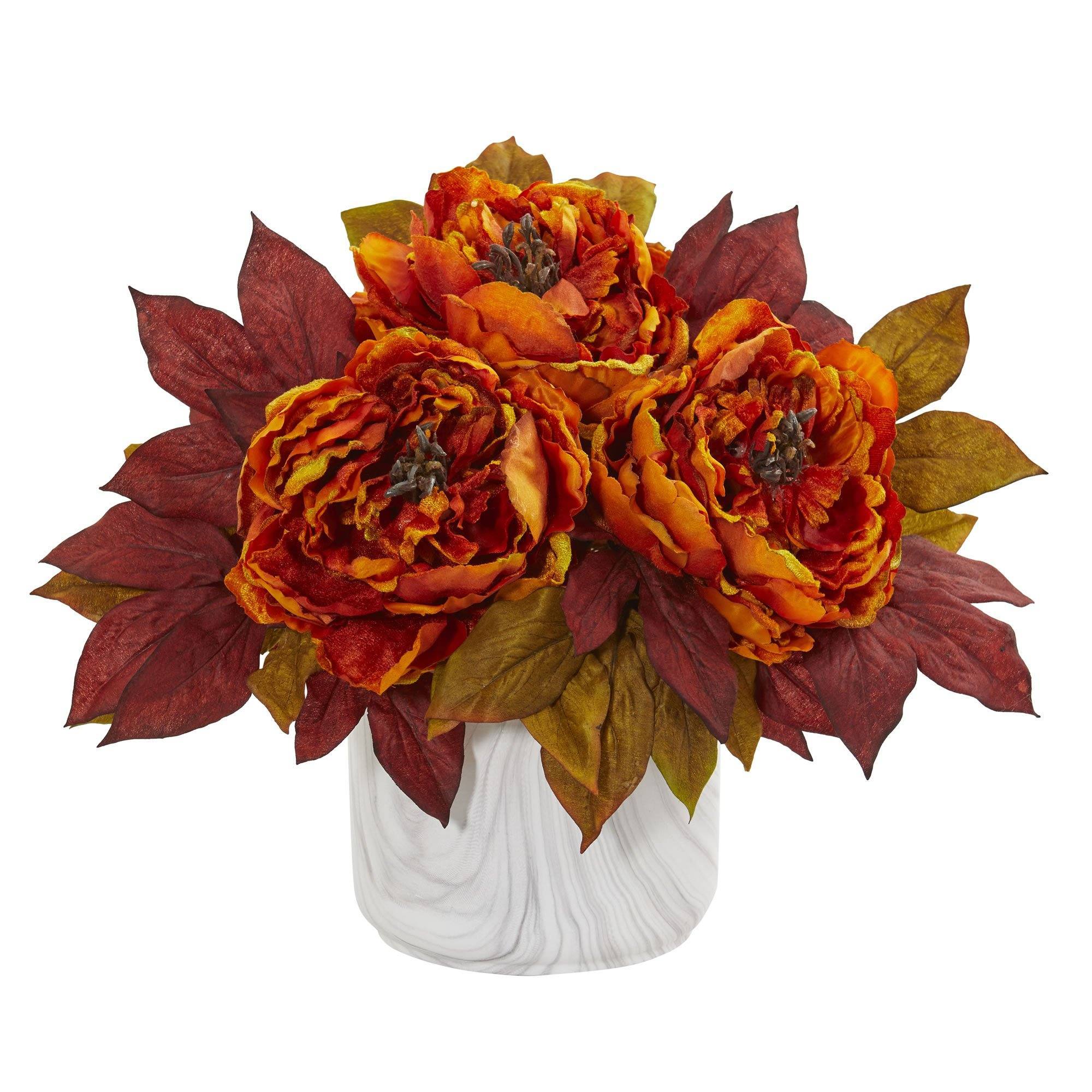 Silk Peony Artificial Arrangement in Marble Finished Vase - Image 2