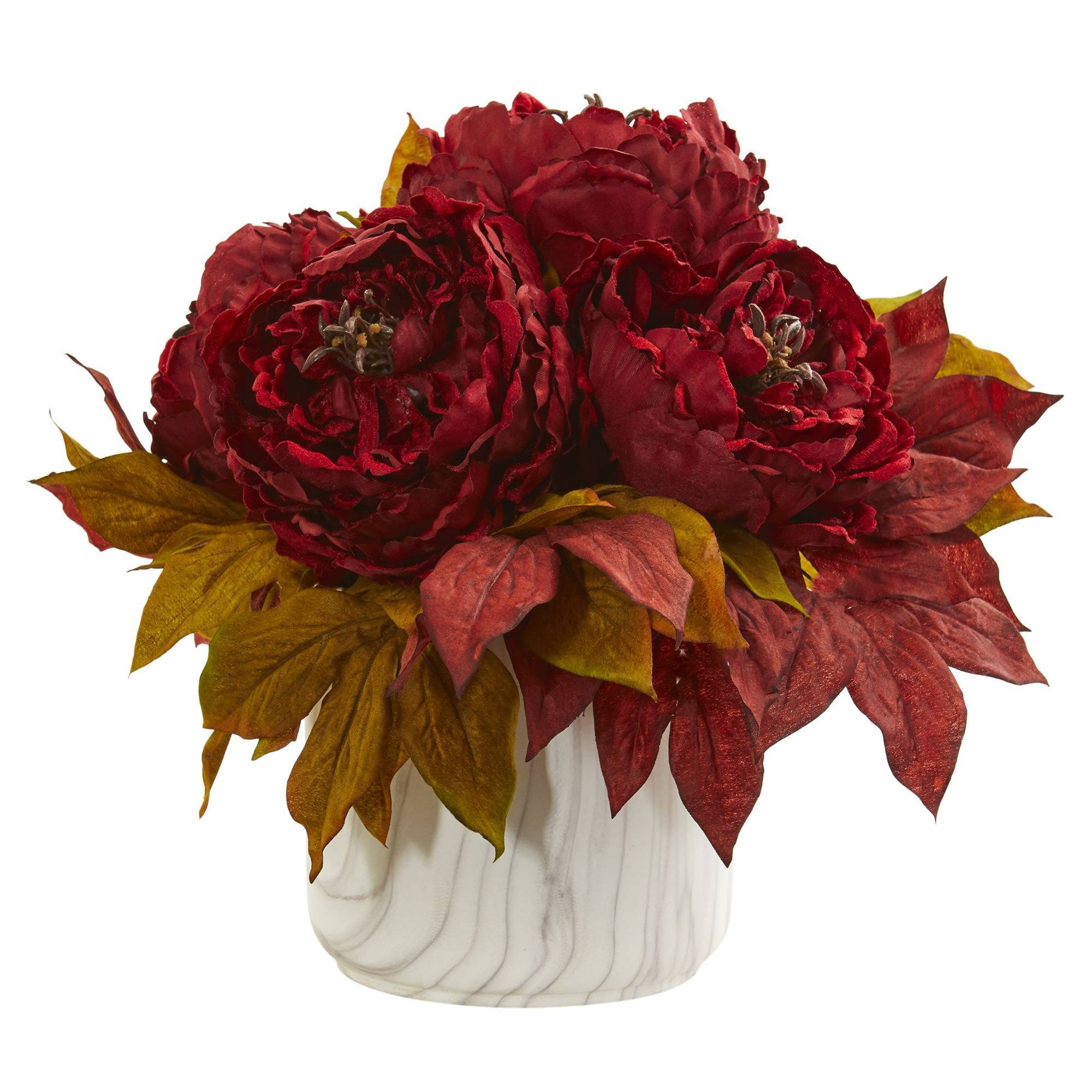 Silk Peony Artificial Arrangement in Marble Finished Vase - Image 3