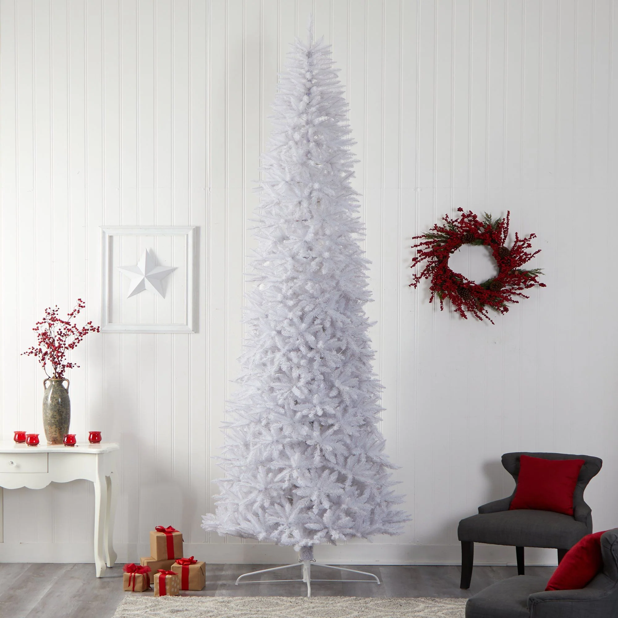 12’ Slim White Artificial Christmas Tree with 1100 Warm White LED Lights and 3235 Bendable Branches - Image 8