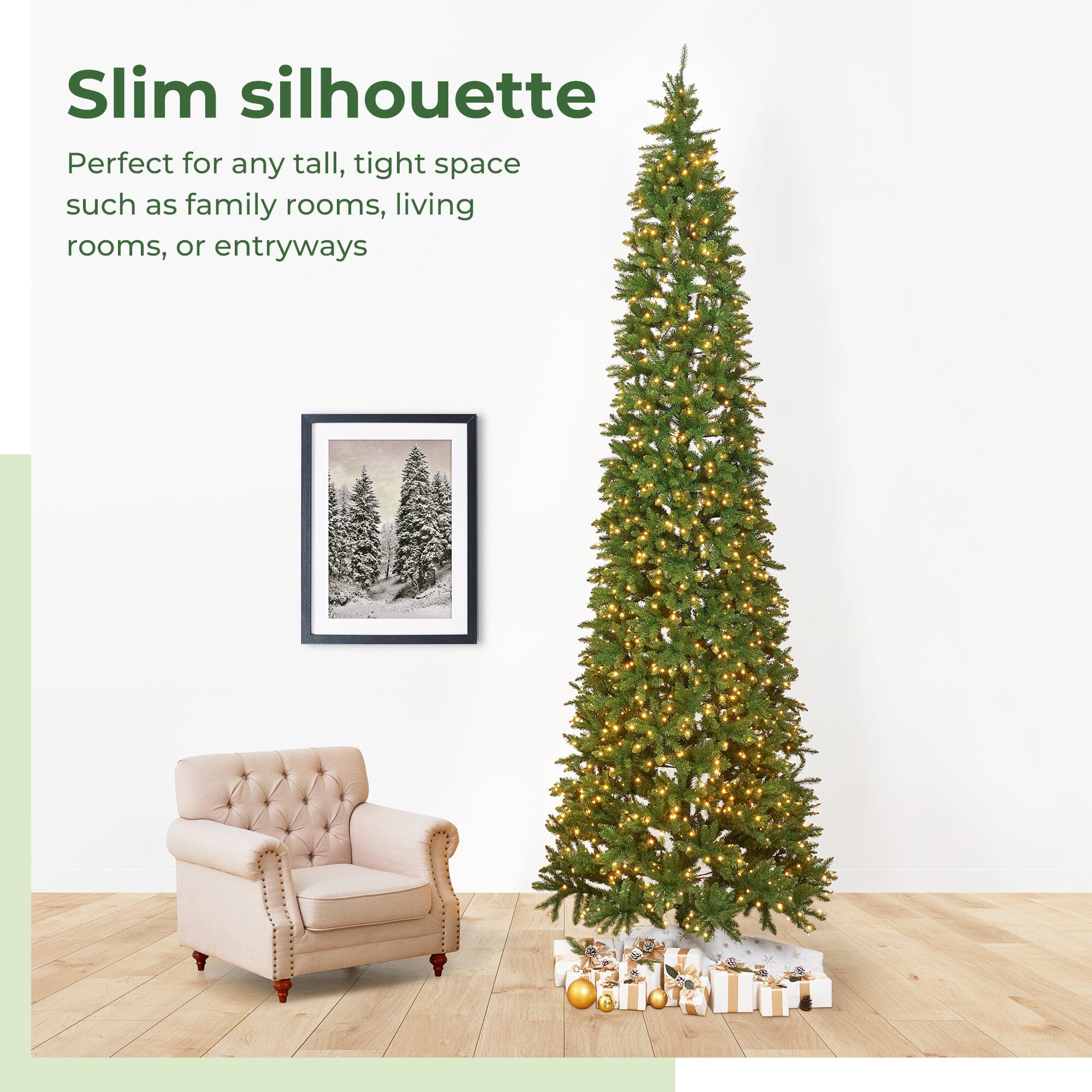 13’ Artificial Slim Green Mountain Pine Christmas Tree with 1360 Warm White LED Lights and 3924 Bendable Branches - Image 10