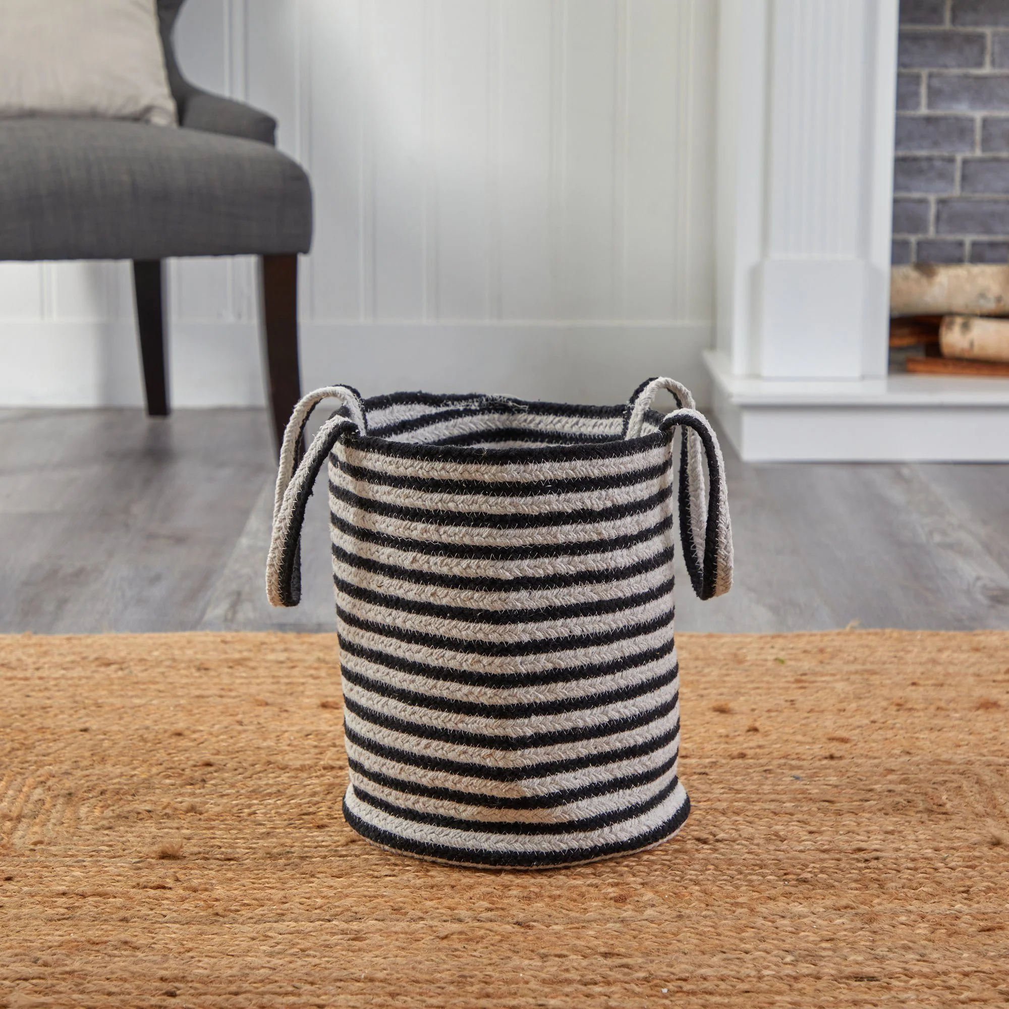 13” Boho Chic Basket Natural Cotton, Handwoven Black and White Stripe with Handles - Image 3