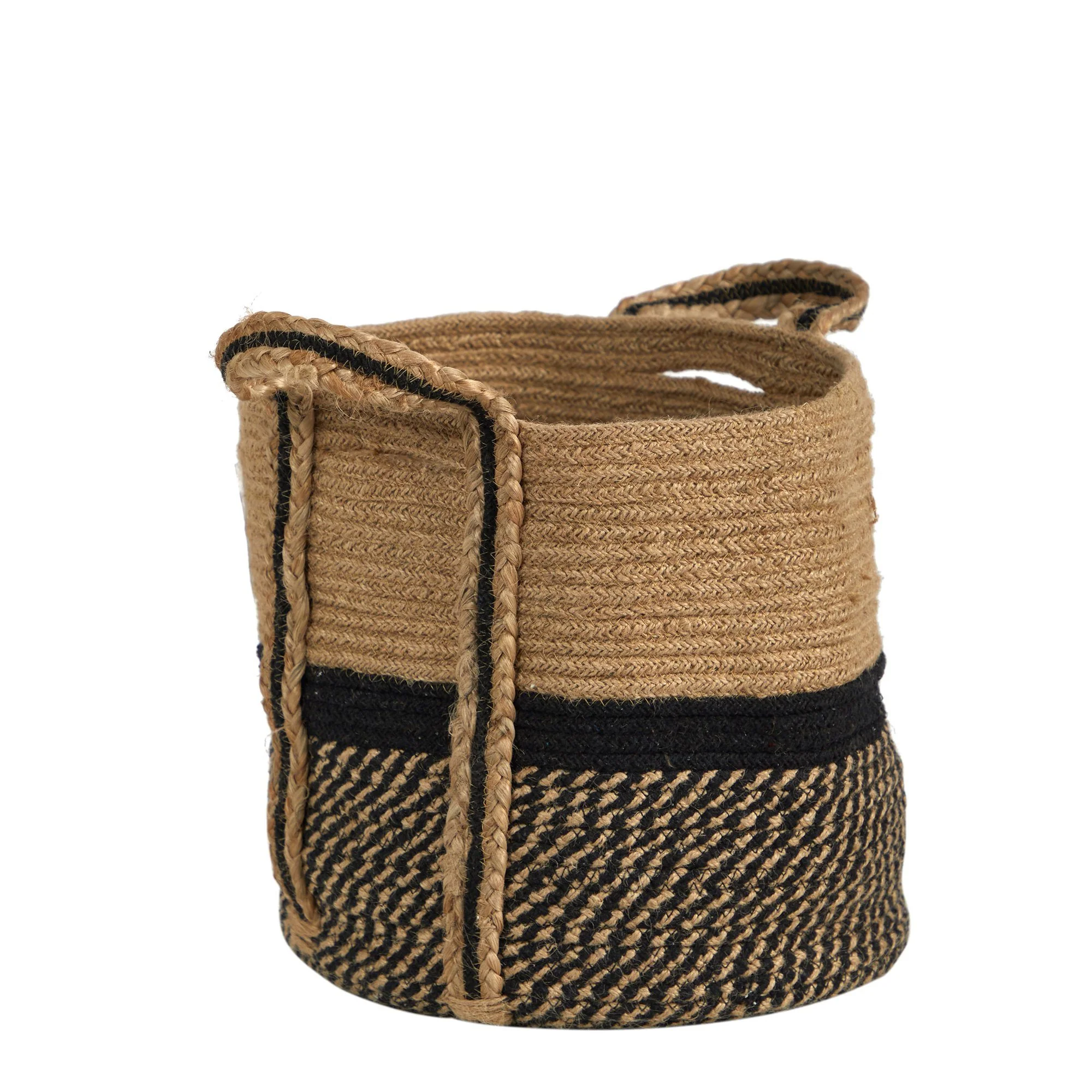 13" Boho Chic Basket Natural Jute Basket Planter, Black Bottom Natural Top with Handles" - Image 4
