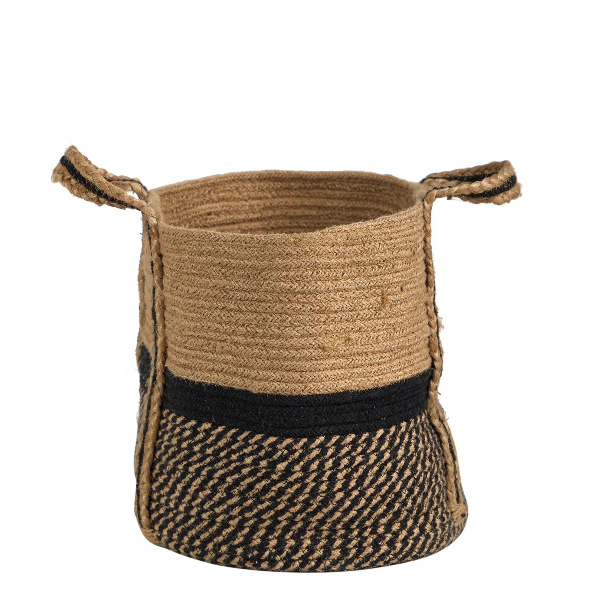 13" Boho Chic Basket Natural Jute Basket Planter, Black Bottom Natural Top with Handles" - Image 5
