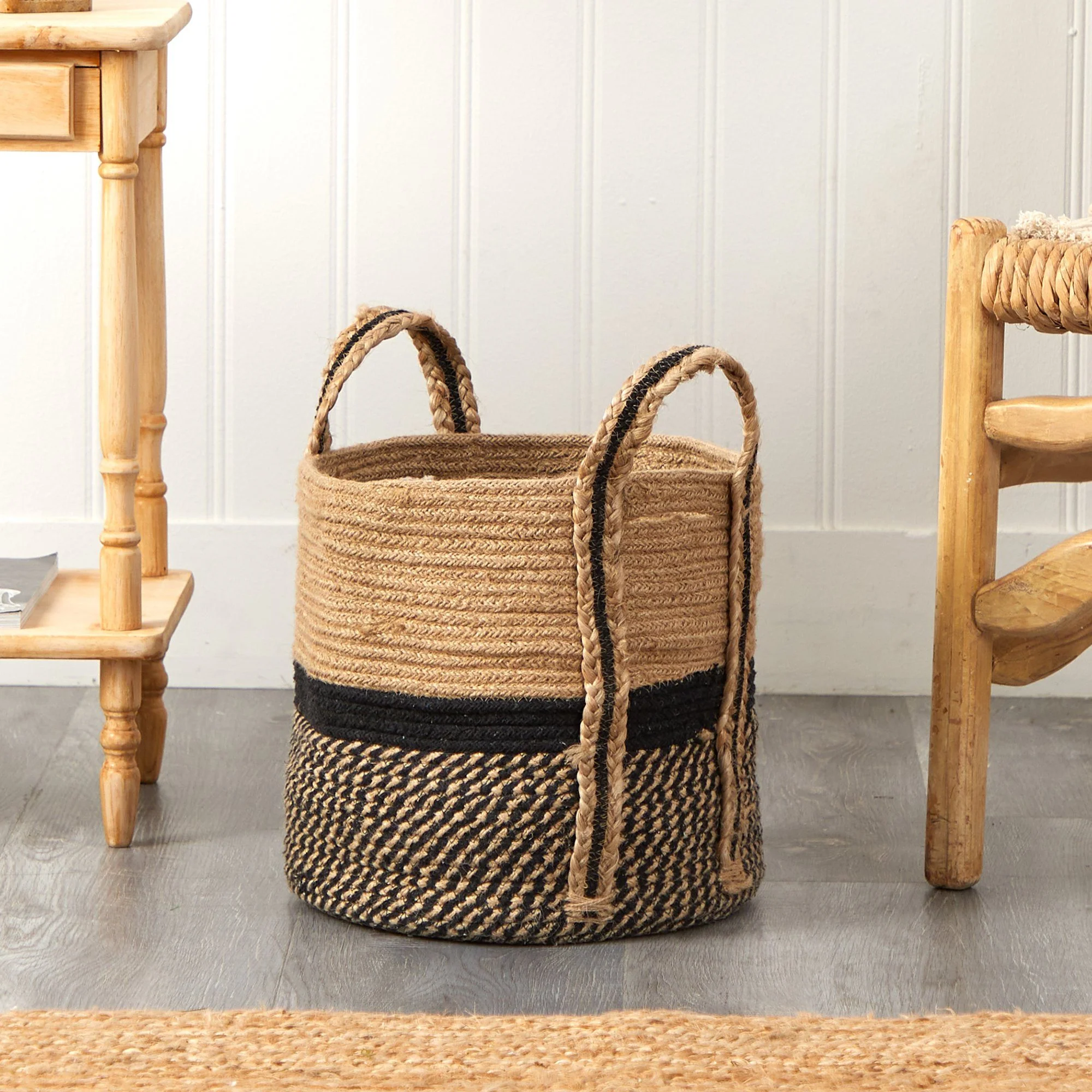 13" Boho Chic Basket Natural Jute Basket Planter, Black Bottom Natural Top with Handles" - Image 7