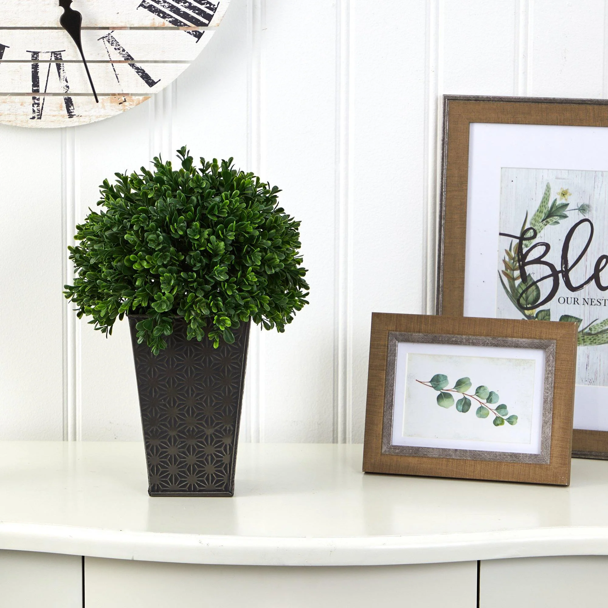 13” Boxwood Topiary Artificial Plant in Embossed Black Planter (Indoor/Outdoor) - Image 2