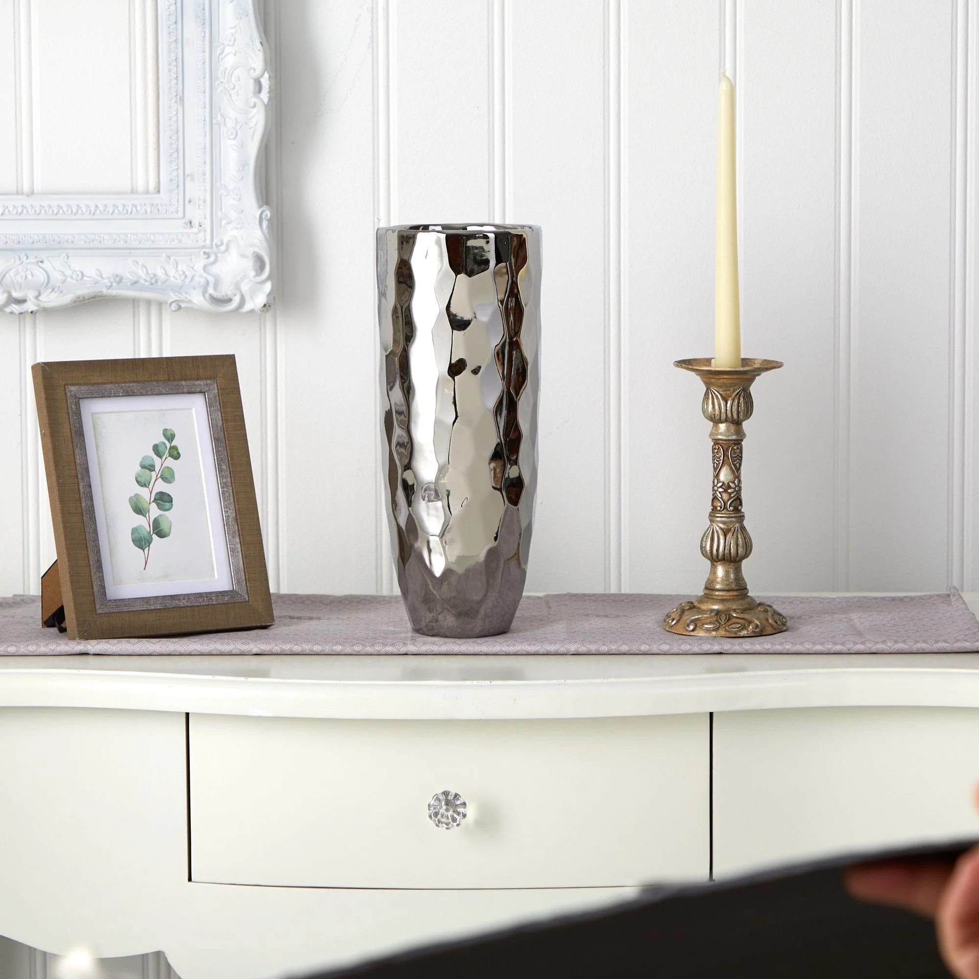 13” Designer Silver Cylinder Vase - Image 3