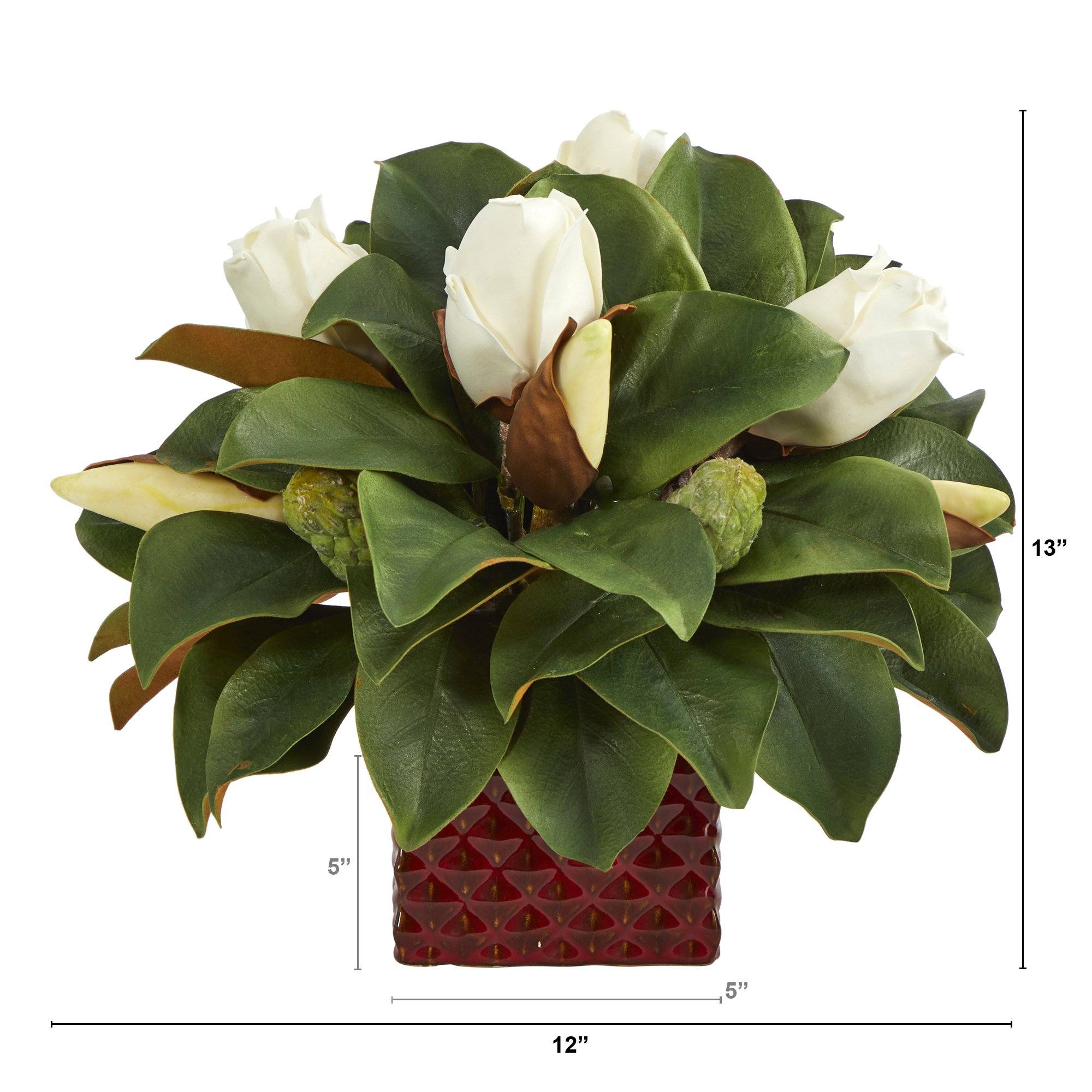 13” Magnolia Bud Artificial Plant in Red Planter - Image 2