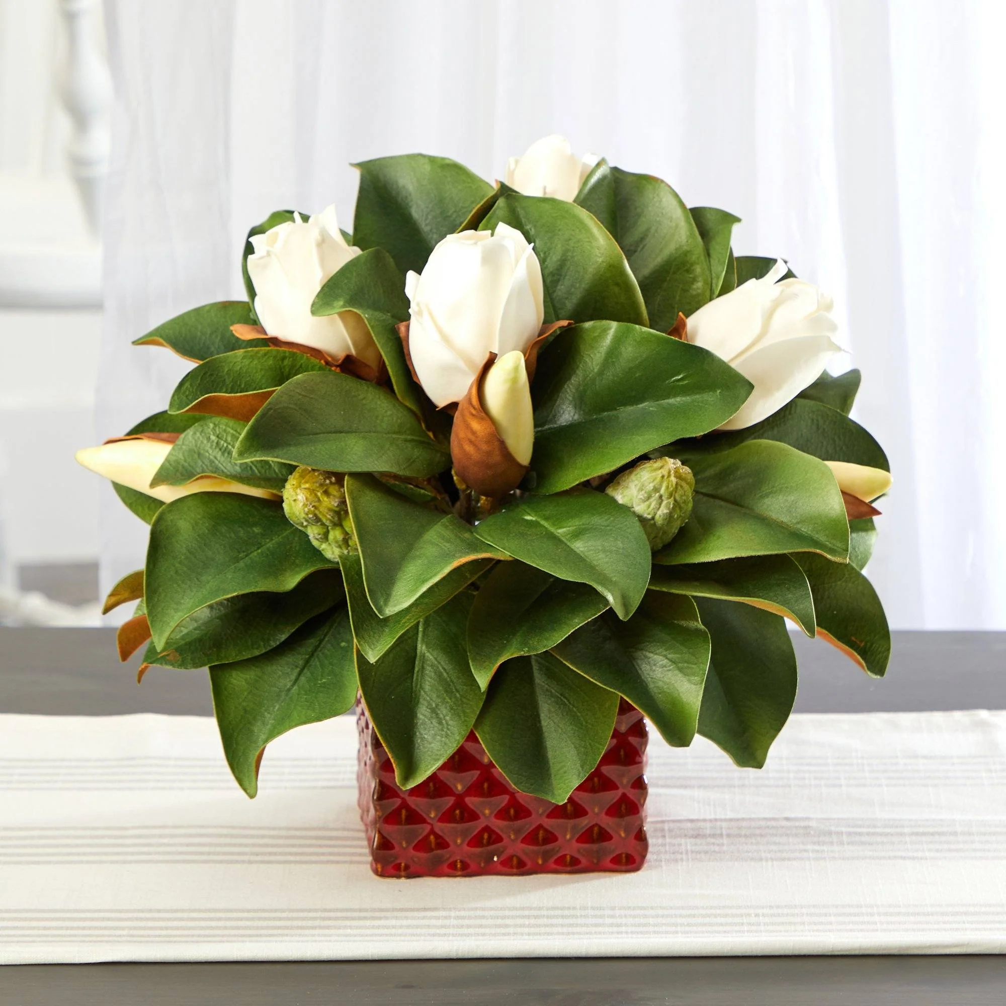 13” Magnolia Bud Artificial Plant in Red Planter - Image 3