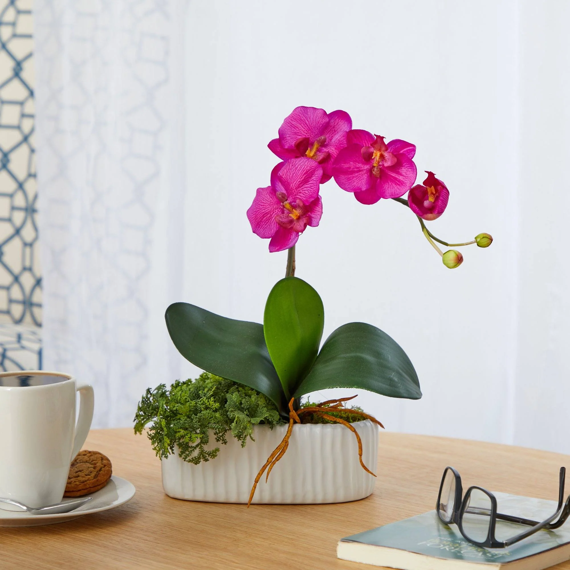 13” Mini Orchid Phalaenopsis Artificial Arrangement in White Vase - Image 3