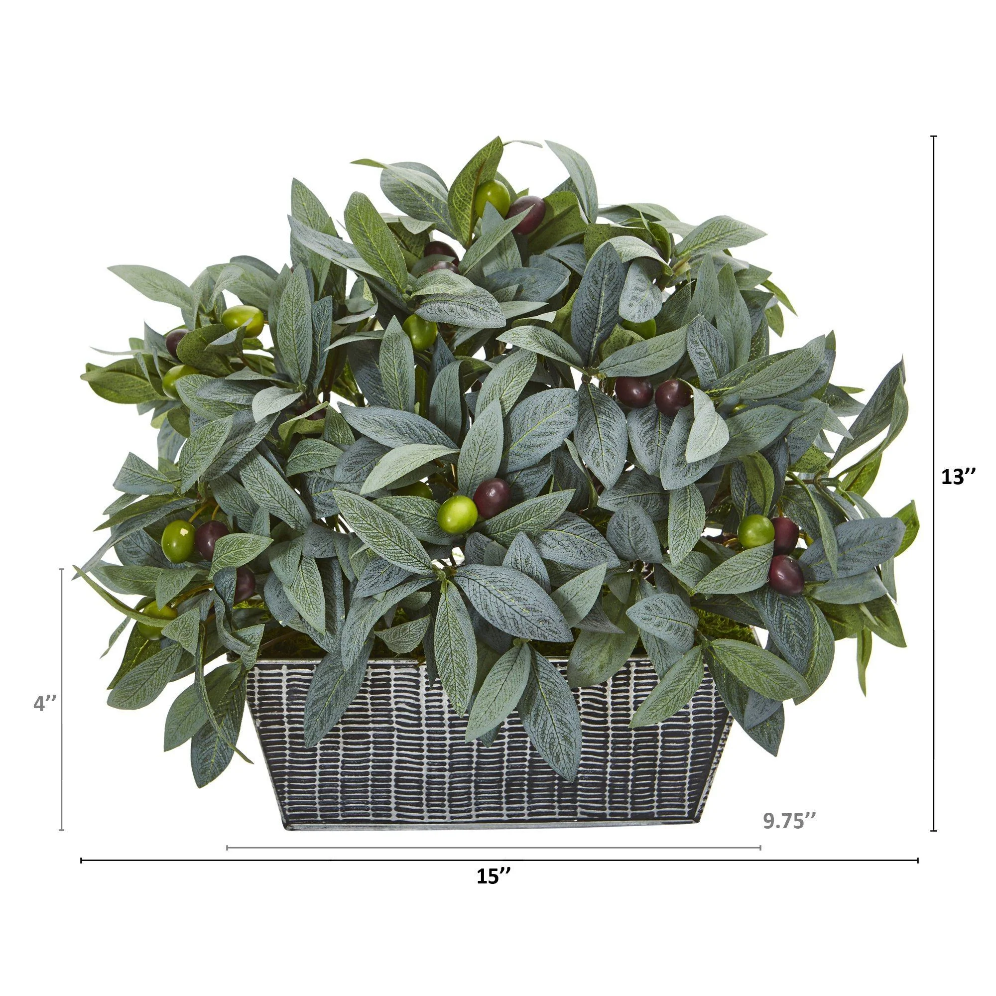 13” Olive with Berries Artificial Plant in Embossed Tin Planter - Image 2