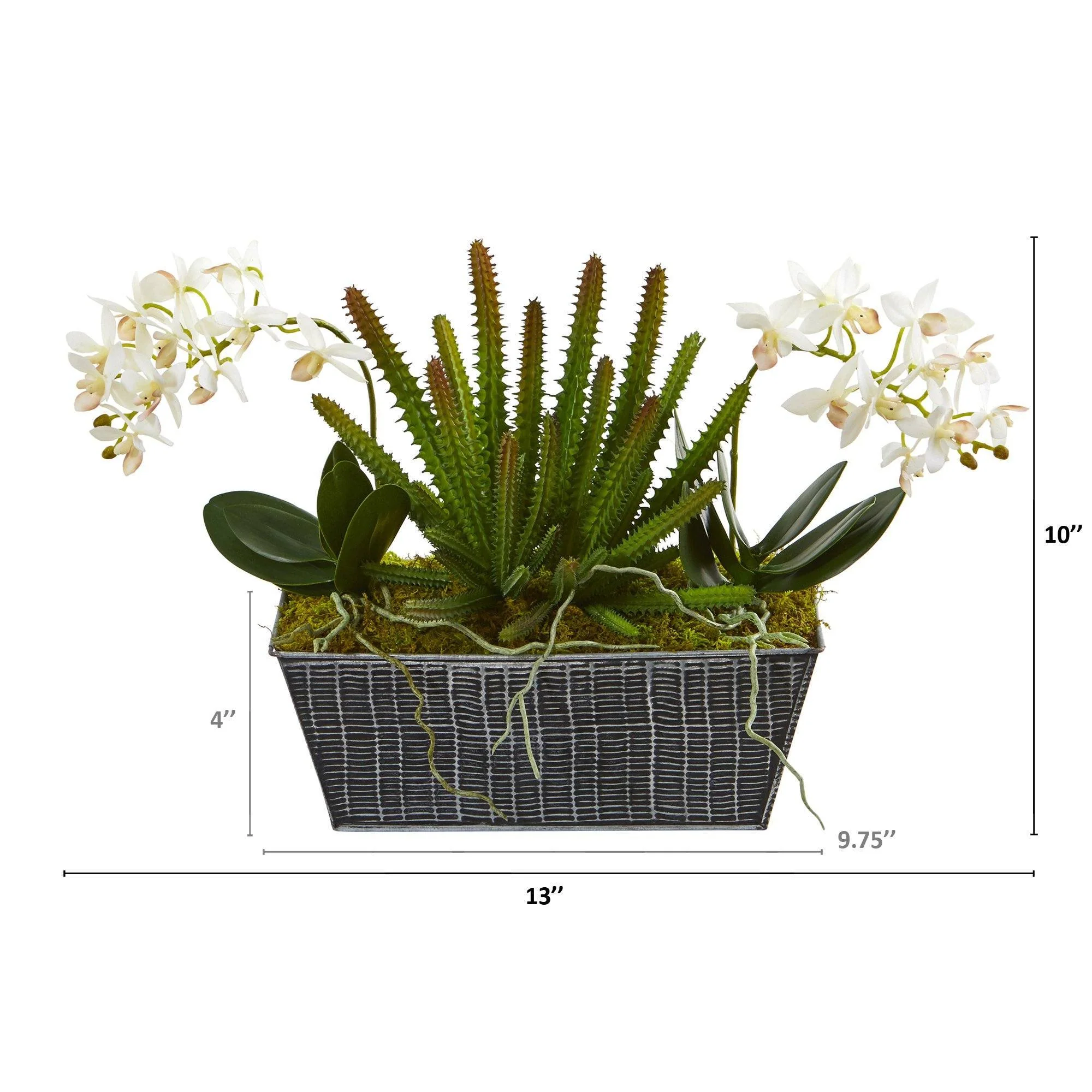 13” Orchid Phalaenopsis and Succulent Artificial Arrangement in Embossed Tin Vase - Image 2