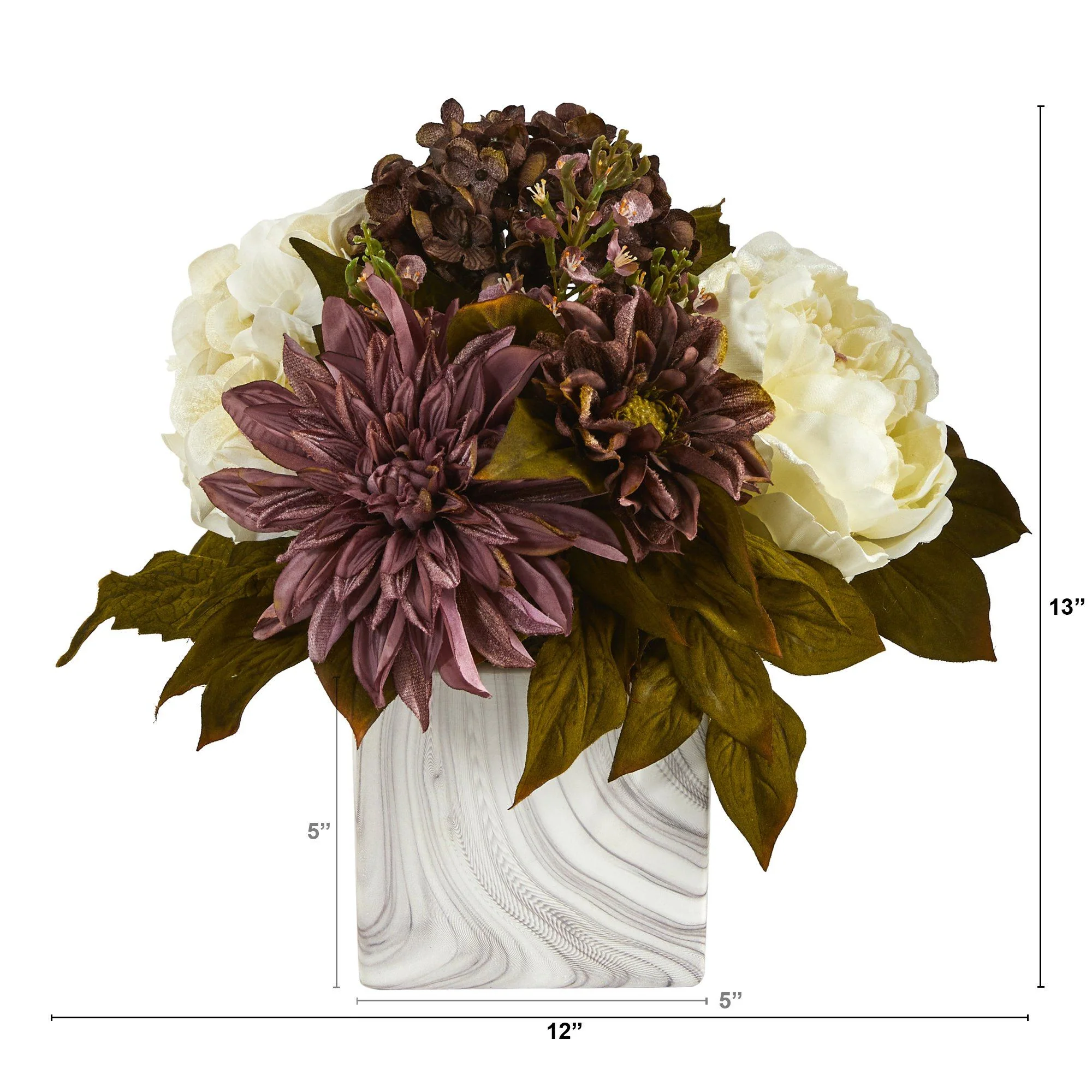 13” Peony, Hydrangea and Dahlia Artificial Arrangement in Marble Finished Vase - Image 3