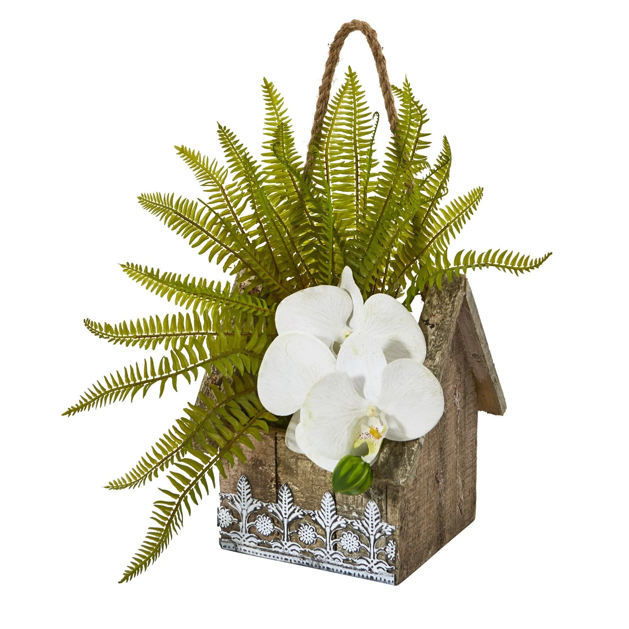 13” Phalaenopsis Orchid and Fern Plant in Hanging Planter - Image 2