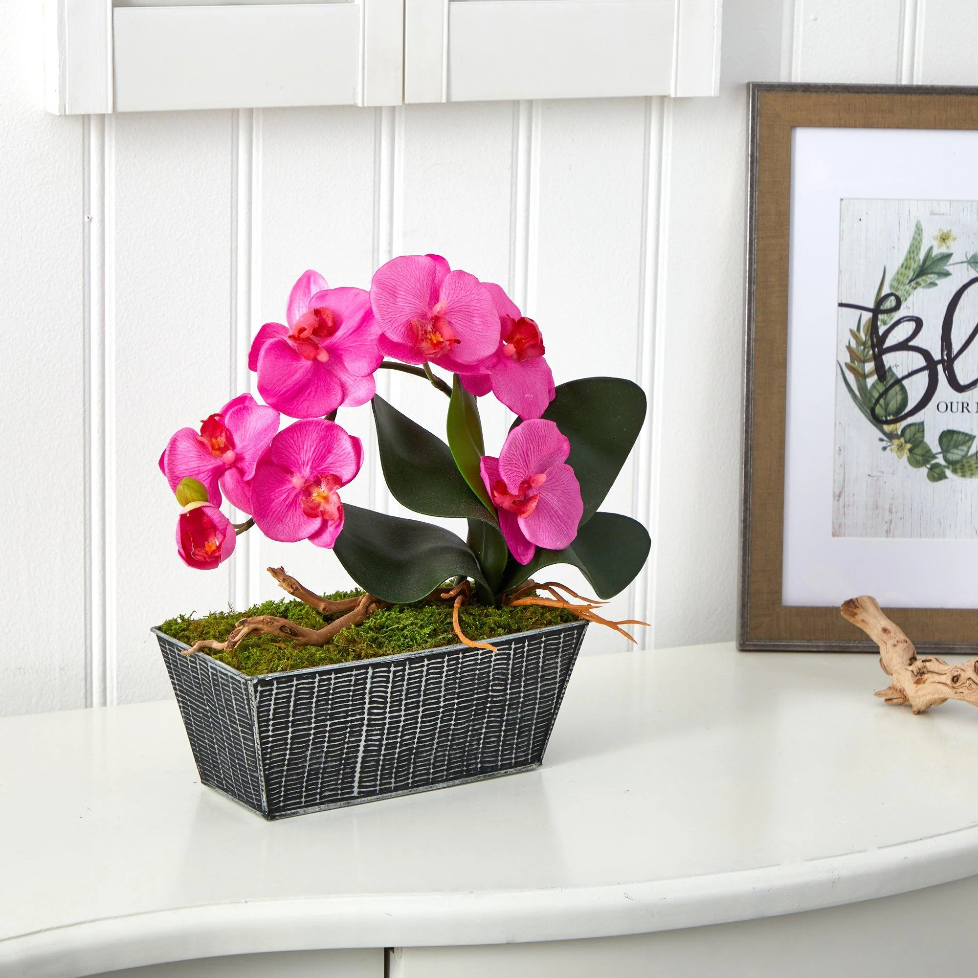 13” Phalaenopsis Orchid Artificial Arrangement in Embossed Tin Vase - Image 2