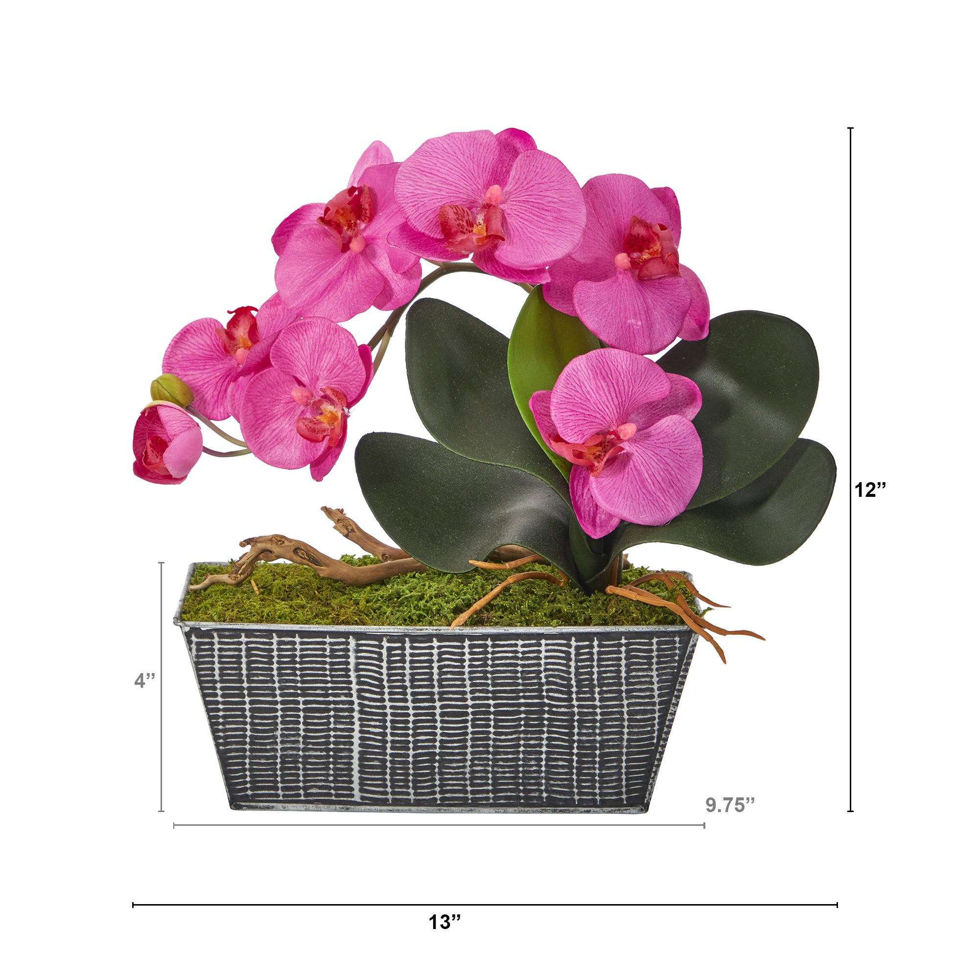 13” Phalaenopsis Orchid Artificial Arrangement in Embossed Tin Vase - Image 3