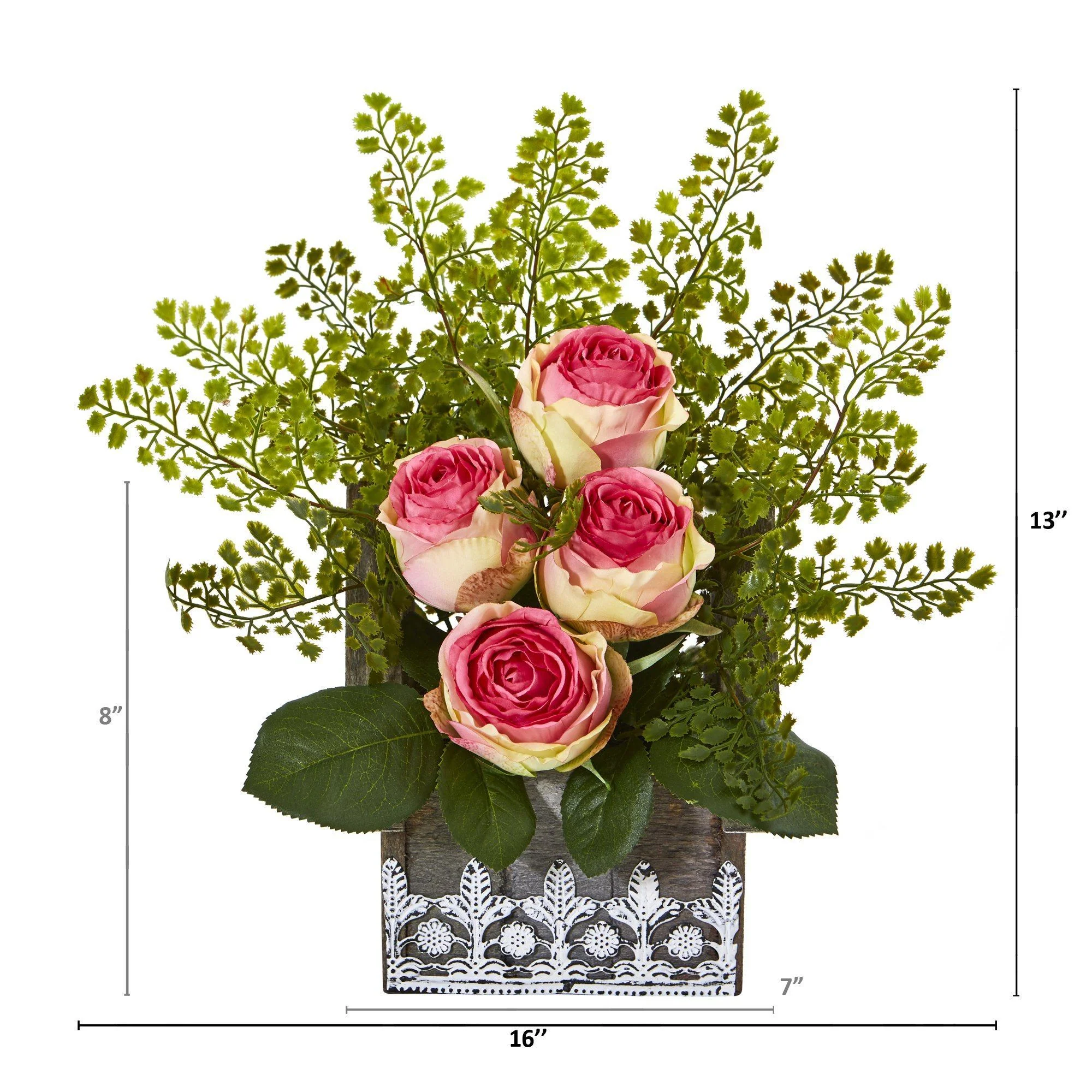 13” Rose and Maiden Hair Arrangement in Hanging Planter