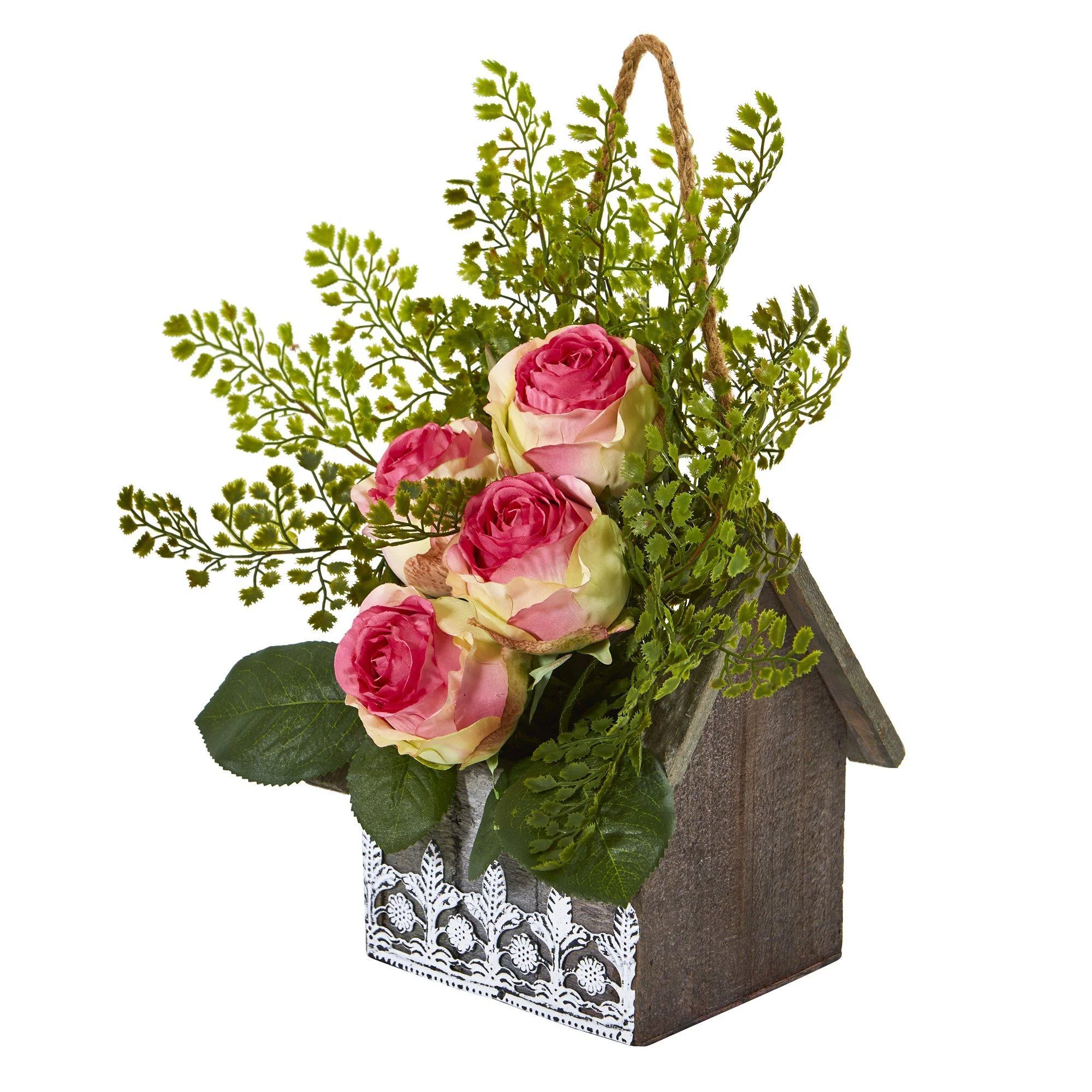 13” Rose and Maiden Hair Arrangement in Hanging Planter - Image 2