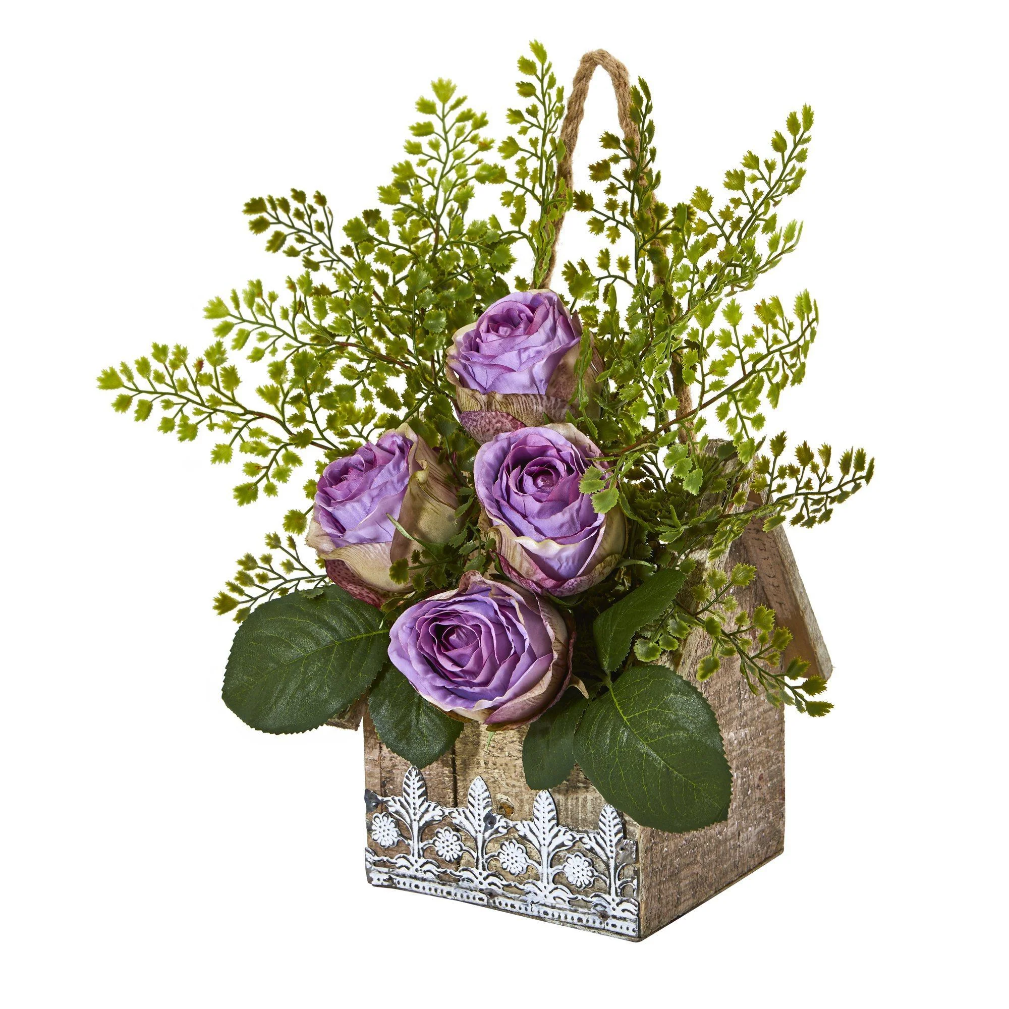 13” Rose and Maiden Hair Arrangement in Hanging Planter - Image 3