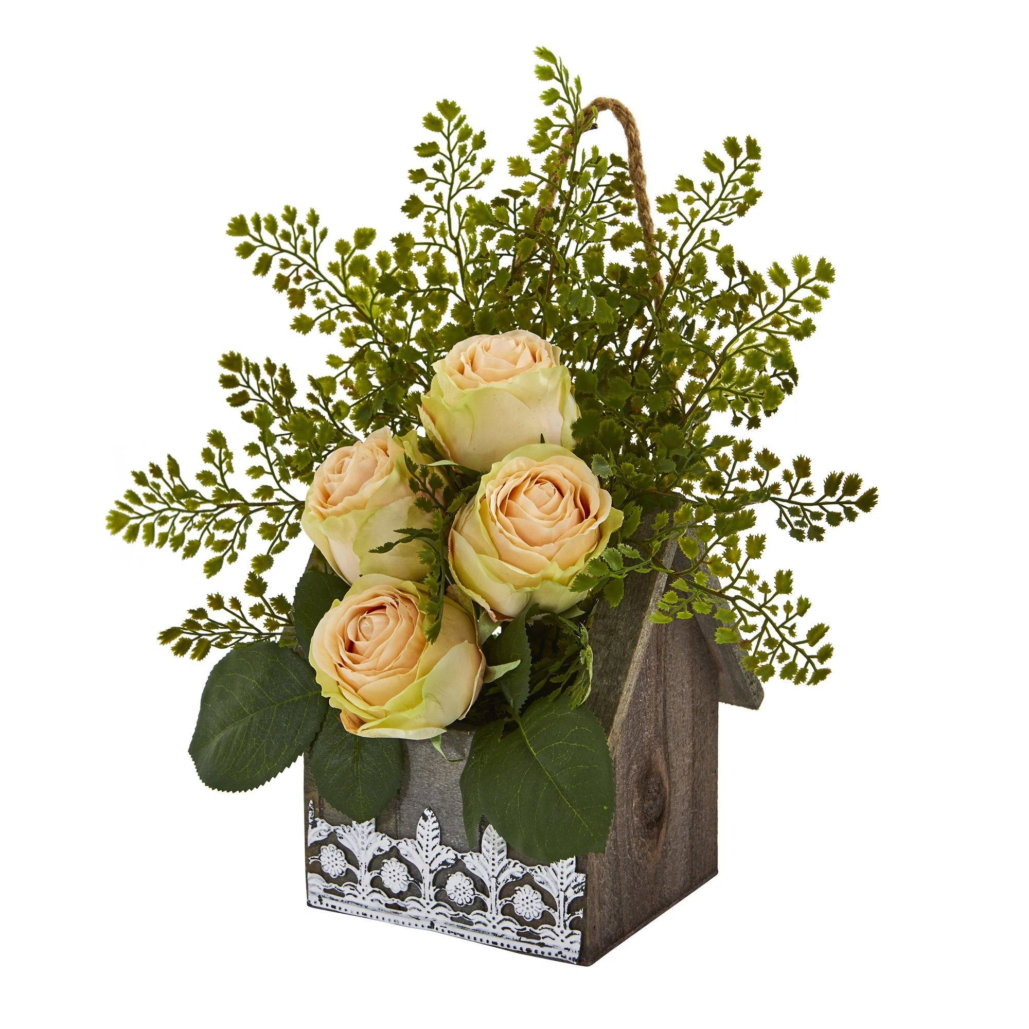 13” Rose and Maiden Hair Arrangement in Hanging Planter - Image 4