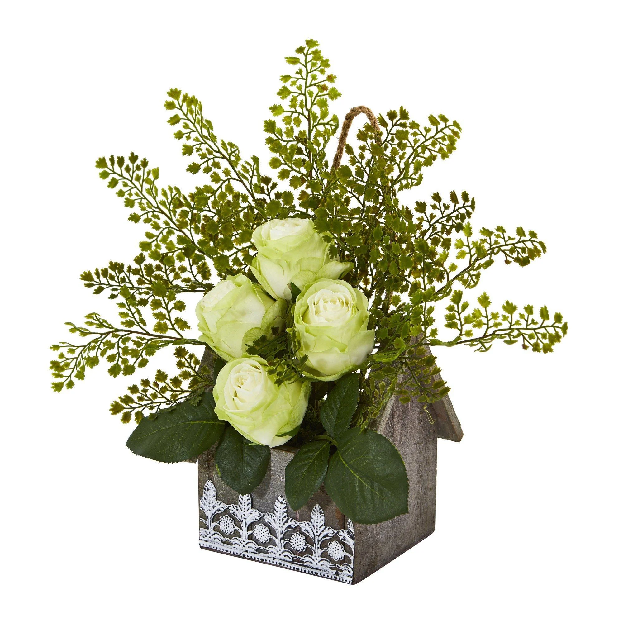 13” Rose and Maiden Hair Arrangement in Hanging Planter - Image 8