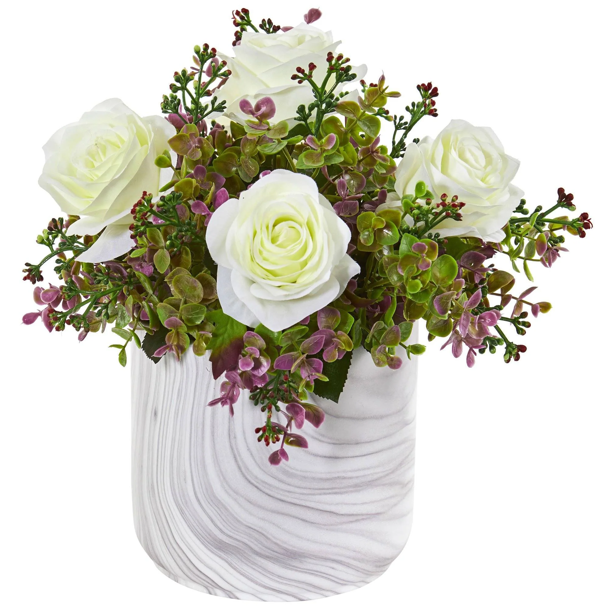 13” Roses & Eucalyptus Artificial Arrangement in Marble Finished Vase - Image 2