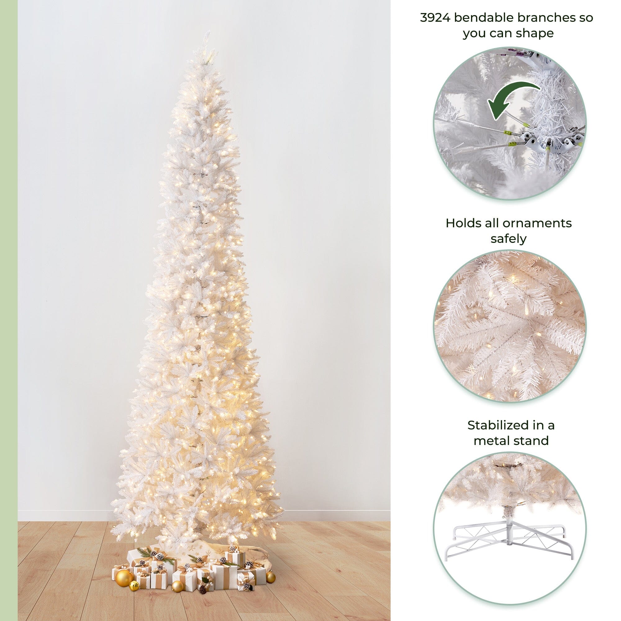 13’ Slim White Artificial Christmas Tree with 1350 Warm White LED Lights and 3924 Bendable Branches - Image 8