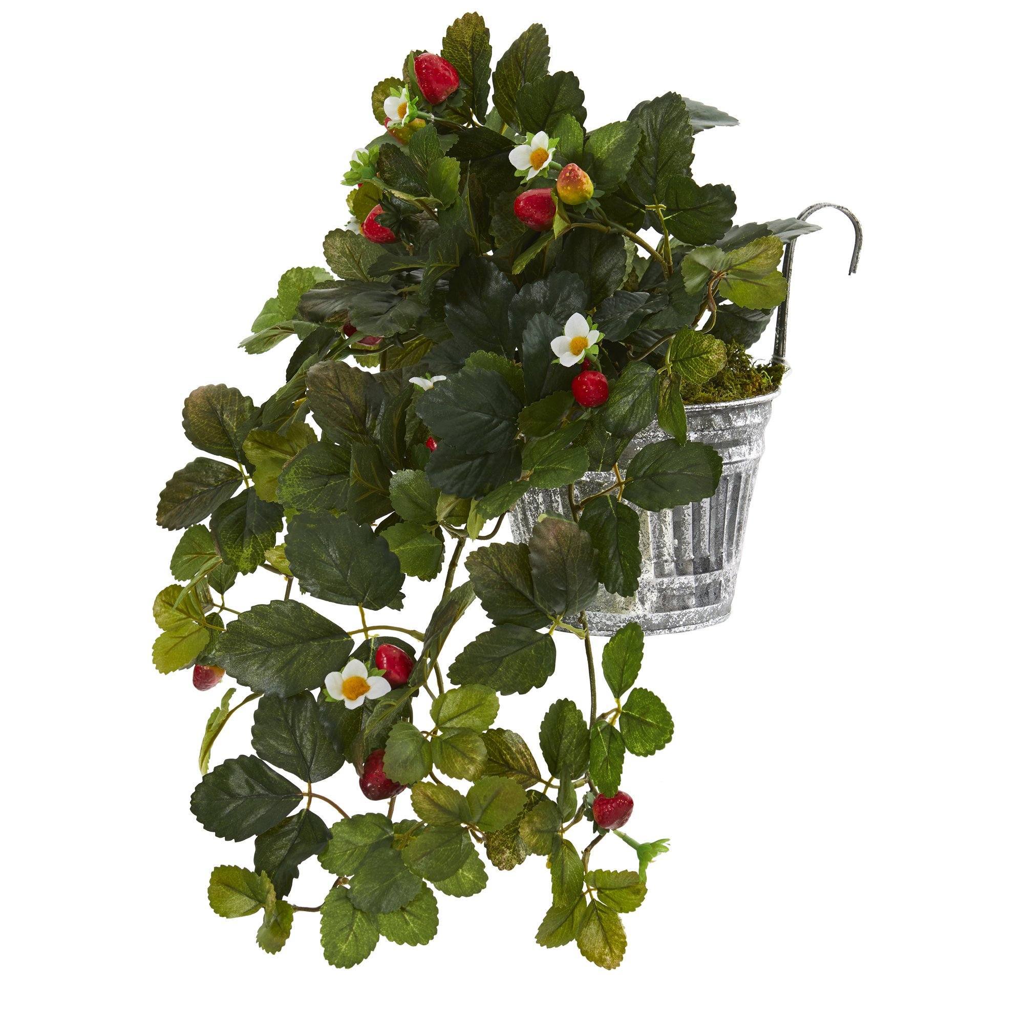 13” Strawberry Artificial Plant in Vintage Hanging Metal Planter - Image 3