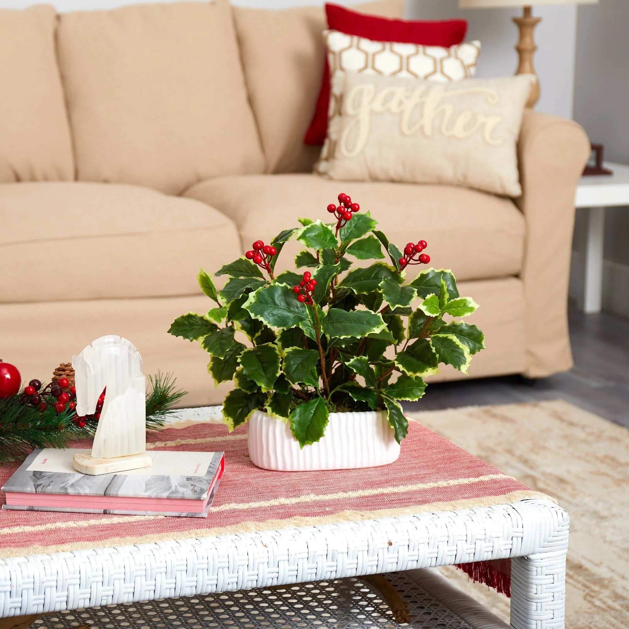 13” Variegated Holly Leaf Artificial Plant in White Planter (Real Touch) - Image 2