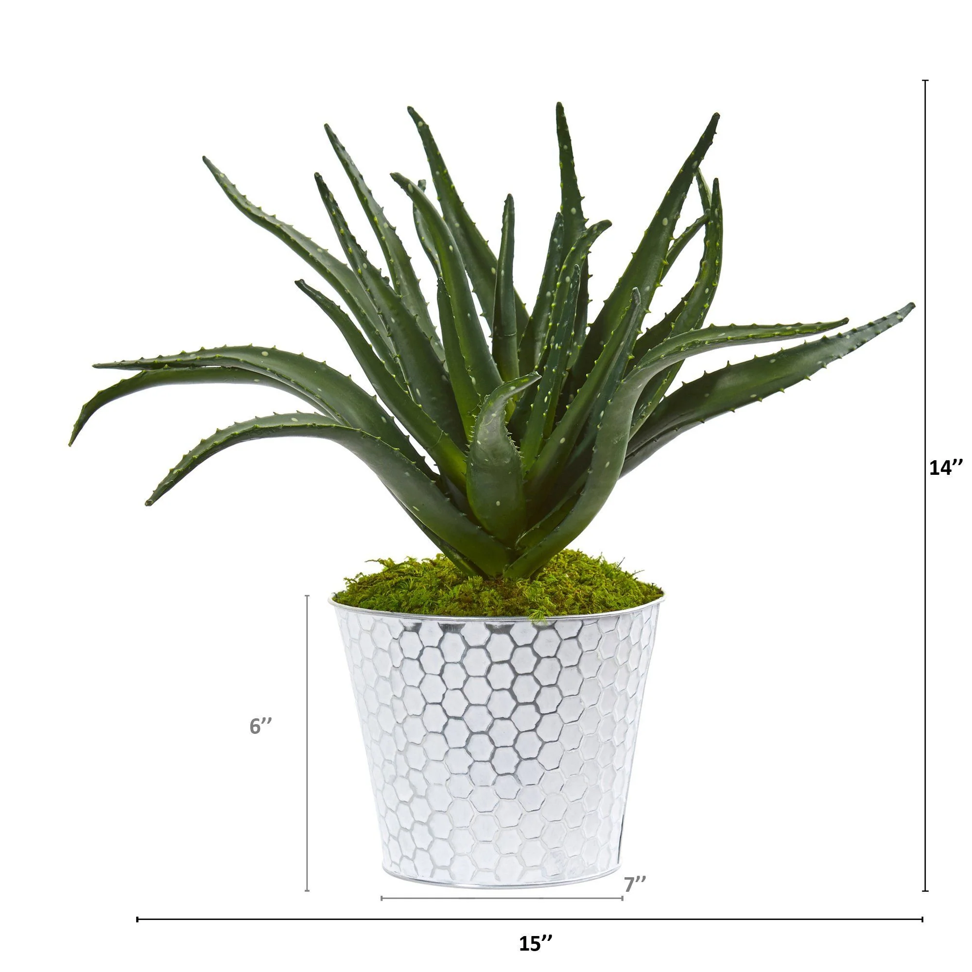 14” Aloe Artificial Plant in White and Tin Embossed Planter - Image 2