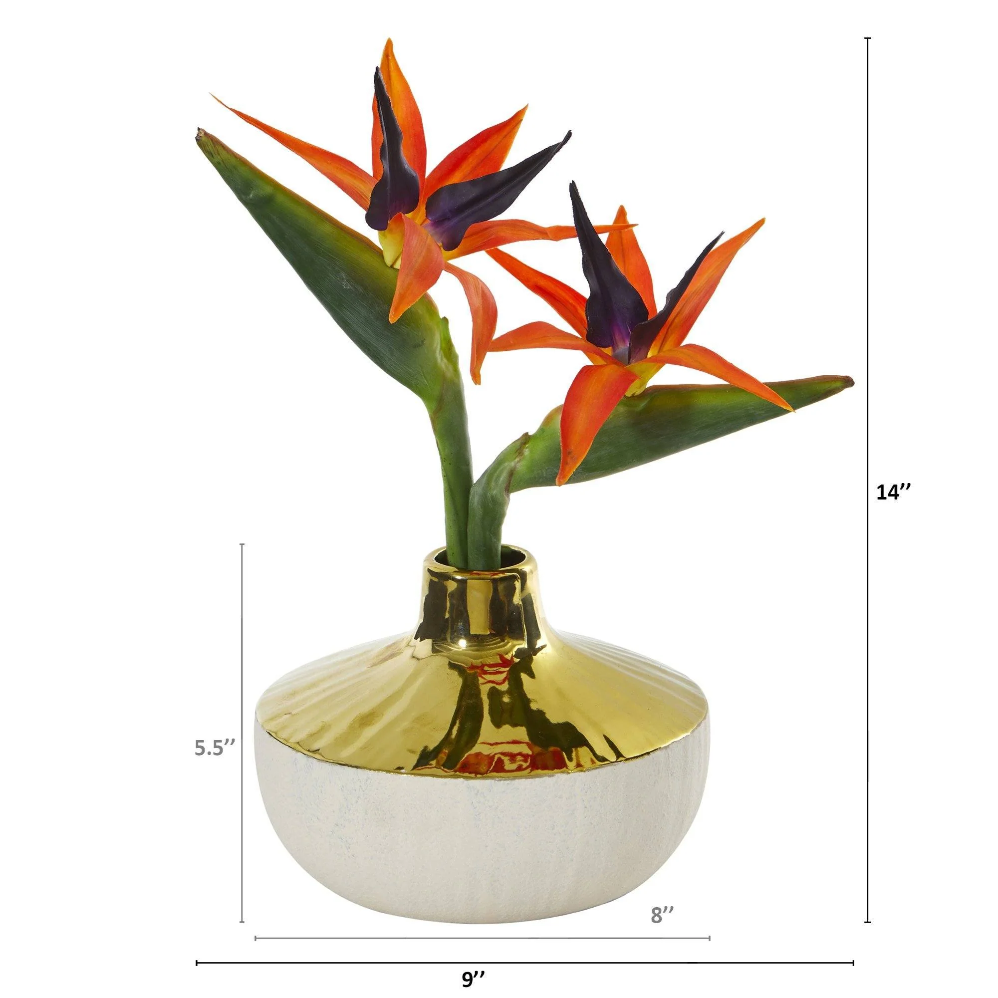 14” Bird of Paradise Artificial Arrangement in Gold and Cream Elegant Vase - Image 2