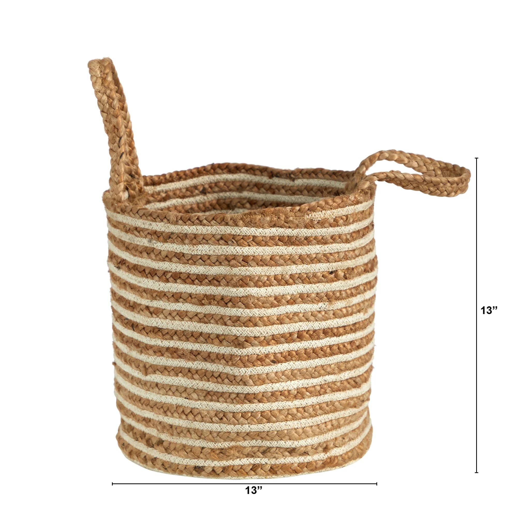 14” Boho Chic Basket Natural Cotton and Jute, Handwoven Stripe with Handles - Image 2