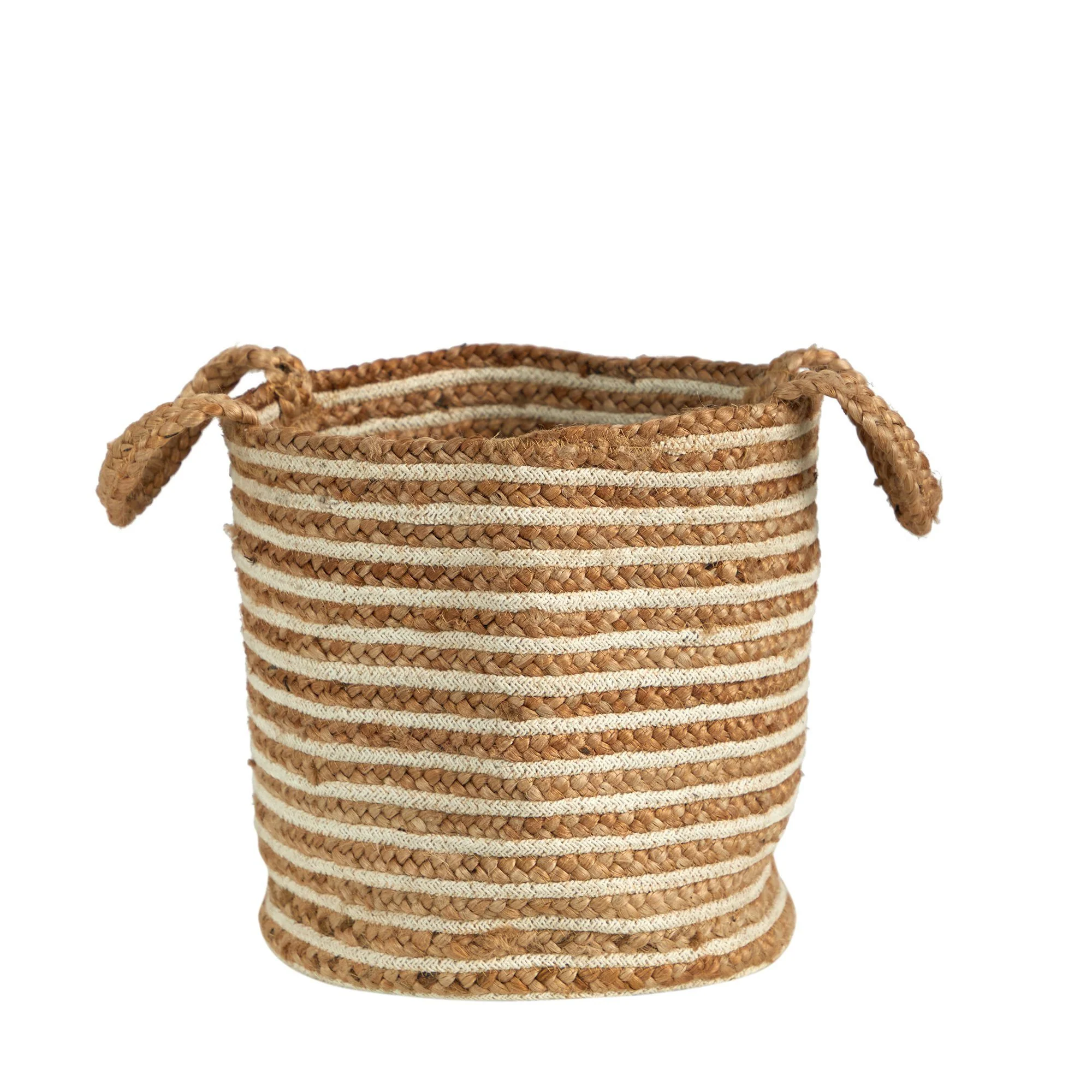 14” Boho Chic Basket Natural Cotton and Jute, Handwoven Stripe with Handles - Image 3
