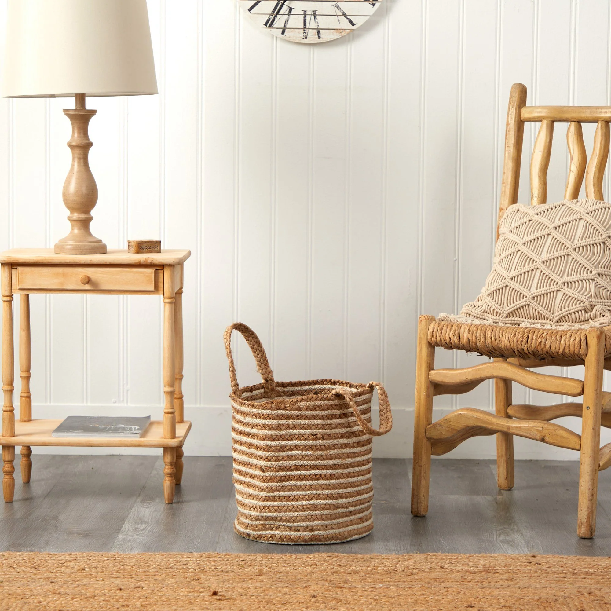 14” Boho Chic Basket Natural Cotton and Jute, Handwoven Stripe with Handles - Image 7