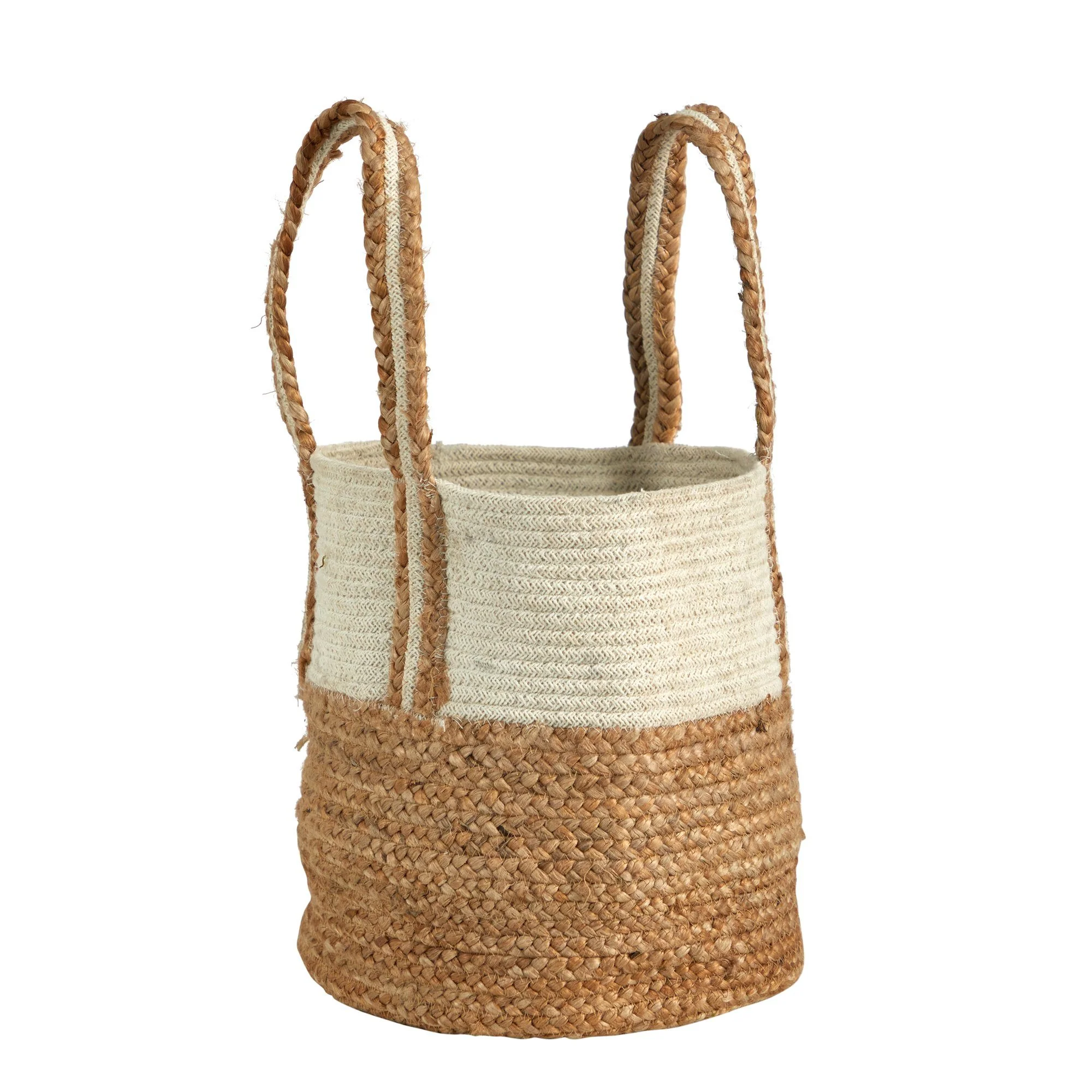 14” Boho Chic Basket Natural Cotton and Jute with Handles - Image 3