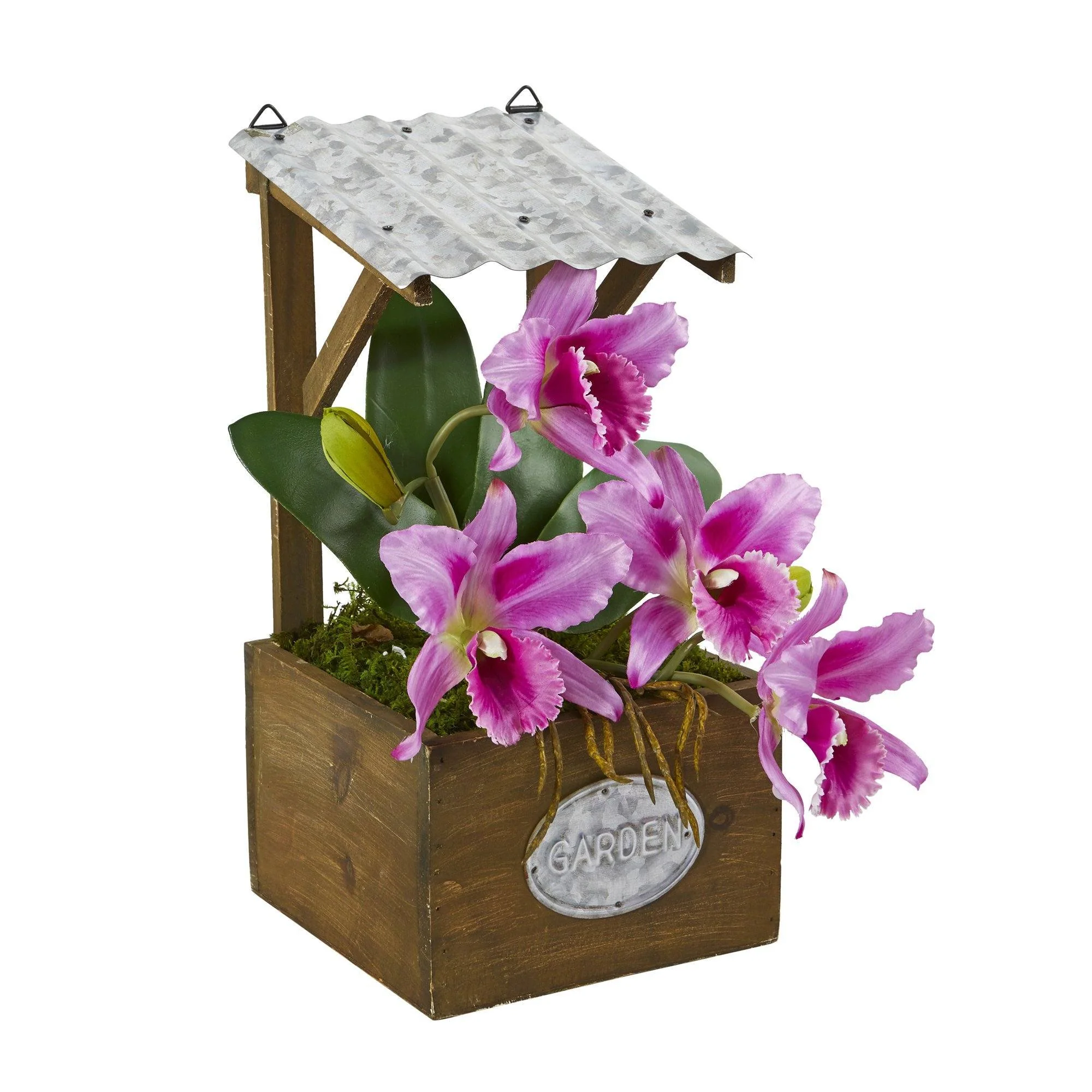 14” Cattleya Orchid Arrangement in Tin Roof Planter - Image 3