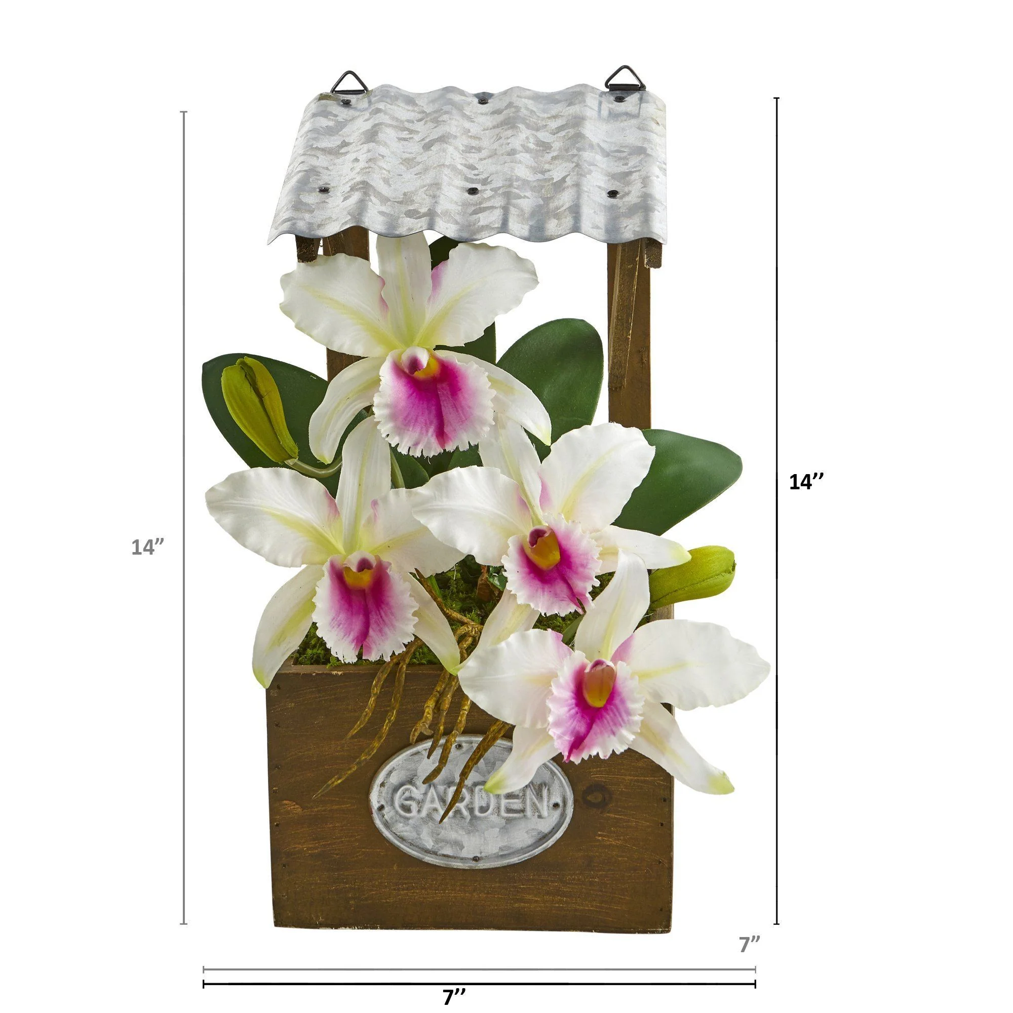 14” Cattleya Orchid Arrangement in Tin Roof Planter - Image 7