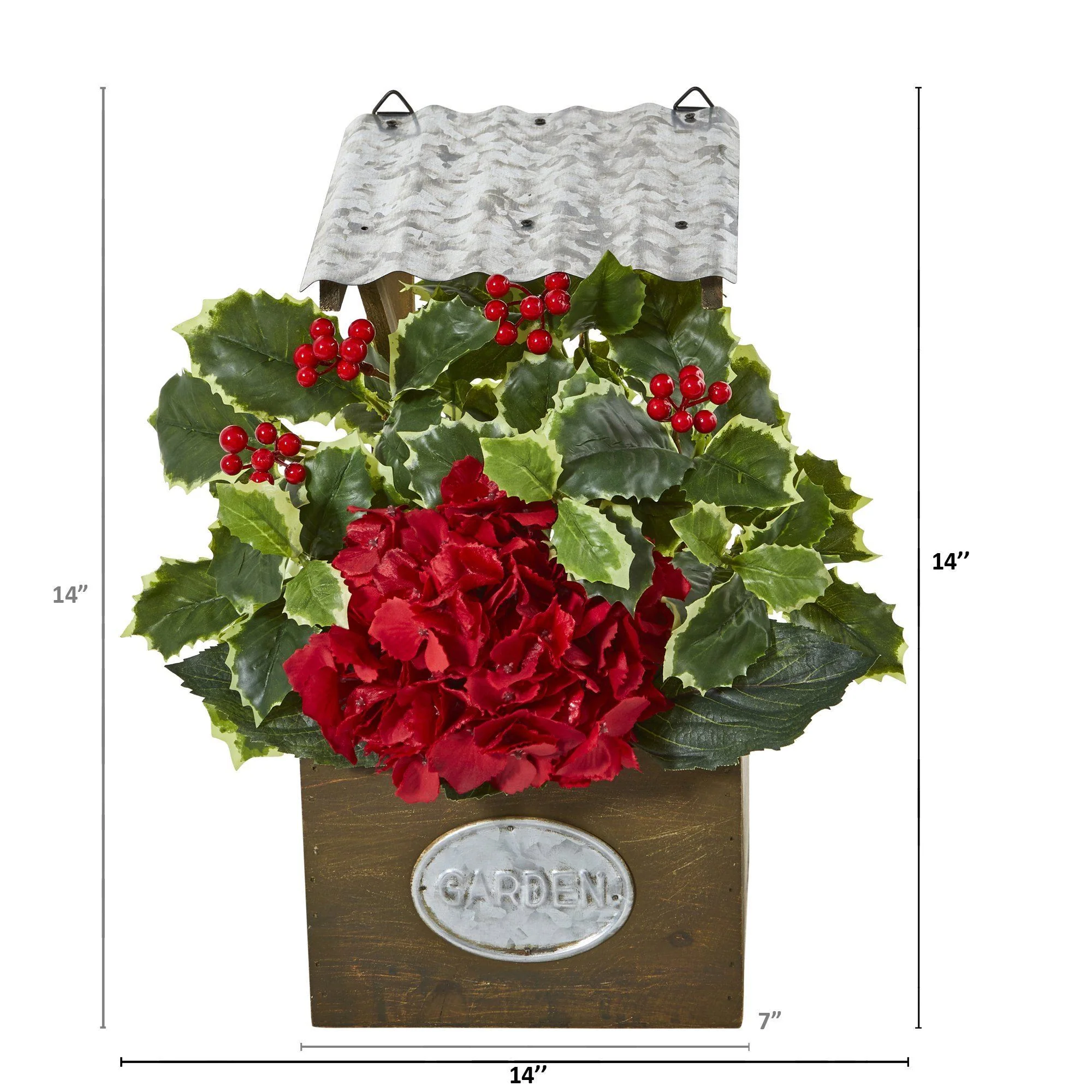 14” Hydrangea and Holly Leaf Artificial Arrangement in Tin Roof Planter - Image 2