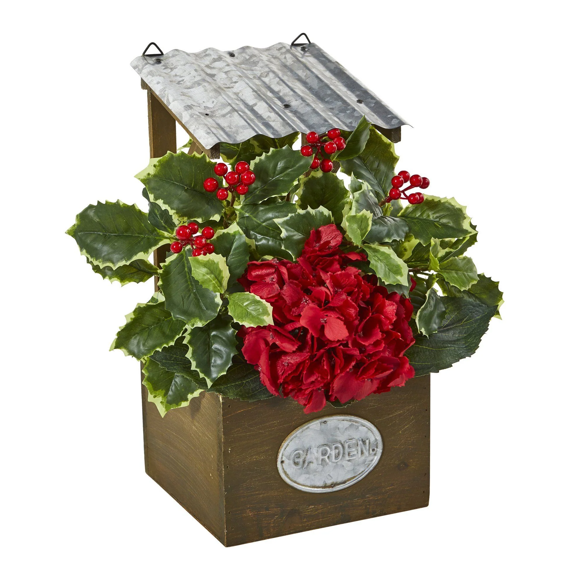 14” Hydrangea and Holly Leaf Artificial Arrangement in Tin Roof Planter - Image 3