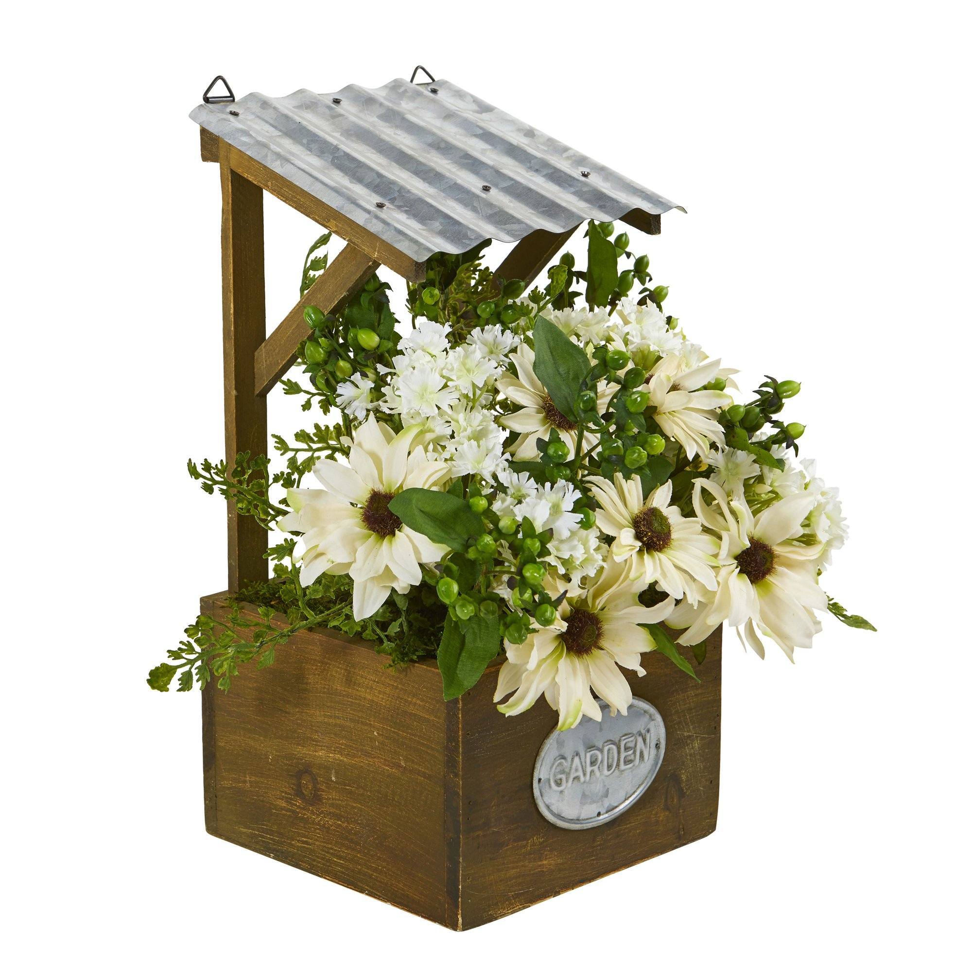 14” Mixed Daisy Artificial Plant in Tin Roof Planter - Image 8
