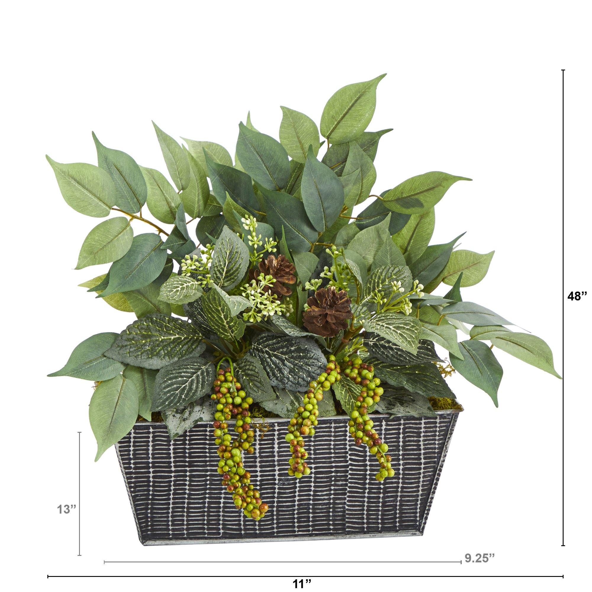 14” Mixed Ficus and Fittonia Artificial Plant in Embossed Tin Planter - Image 2
