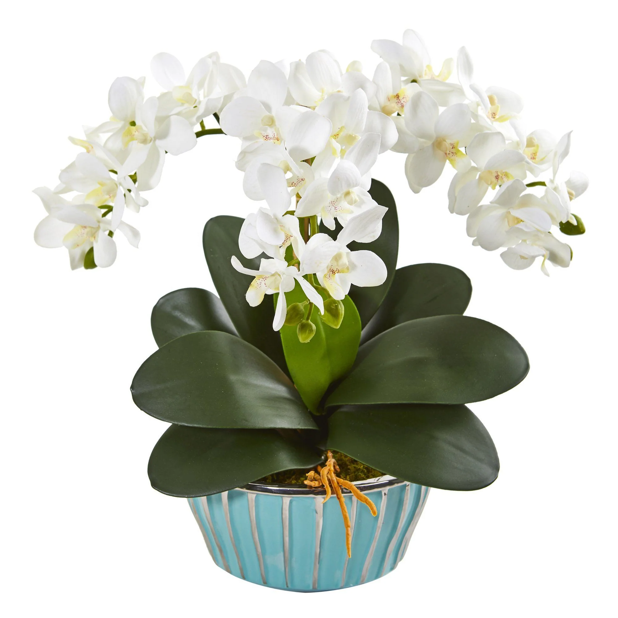 Phalaenopsis Orchid Artificial Arrangement in Designer Turquoise Vase - Image 4