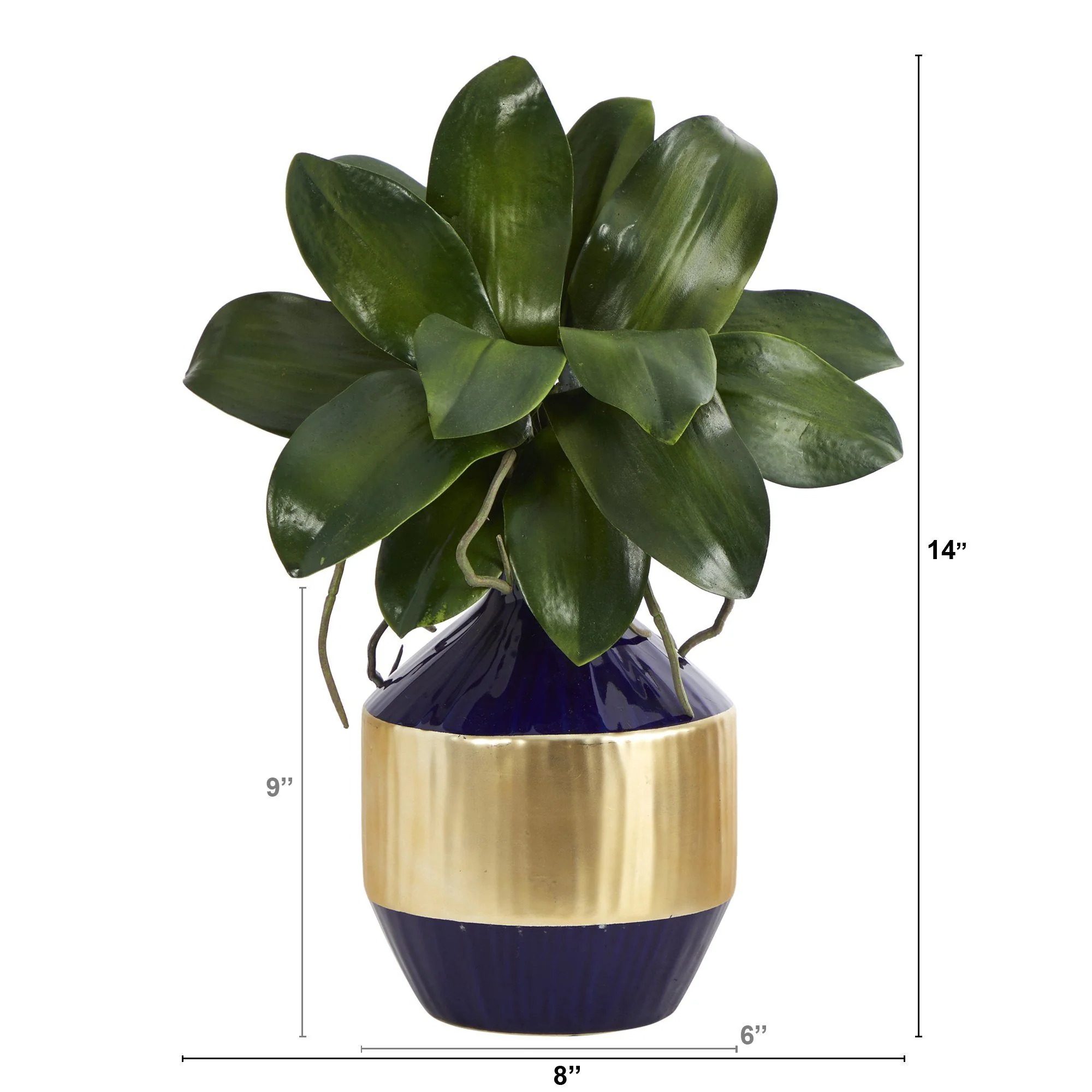 14” Phalaenopsis Orchid Leaf Artificial Plant in Blue and Gold Planter - Image 2