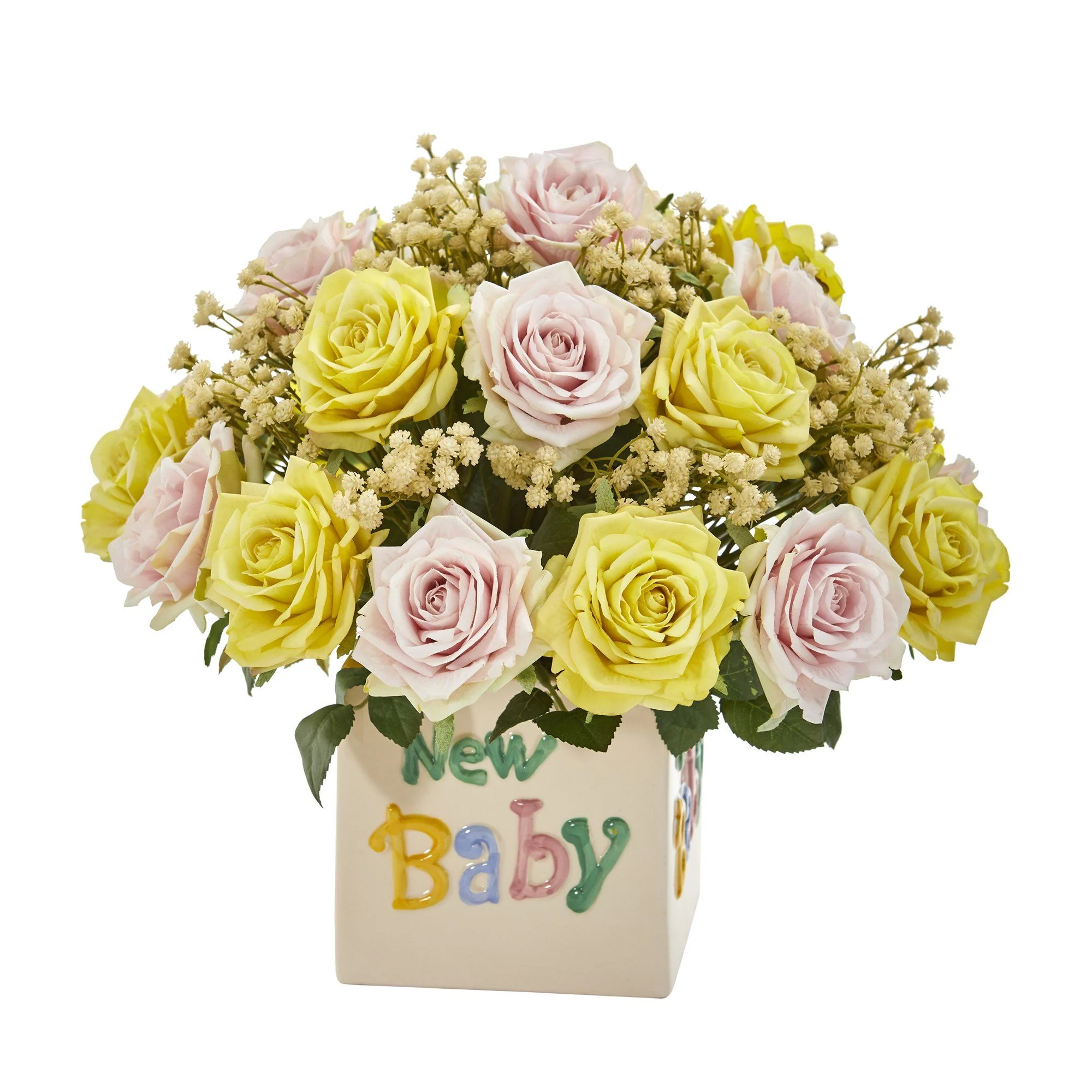 14” Rose and Gypsophillia Artificial Arrangement in “New Baby” Vase - Image 2