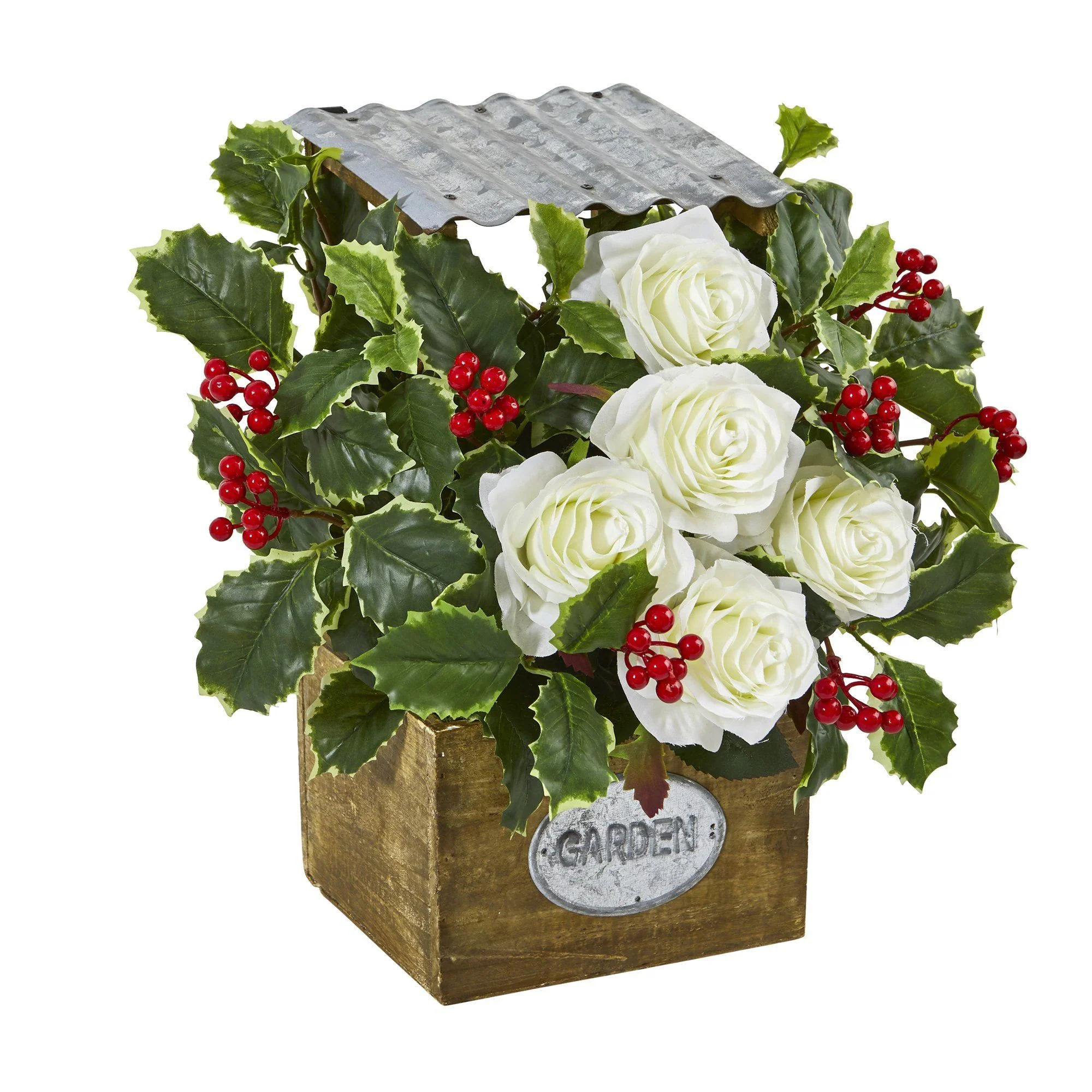 14” Rose and Variegated Holly Leaf Artificial Arrangement in Tin Roof Planter - Image 3