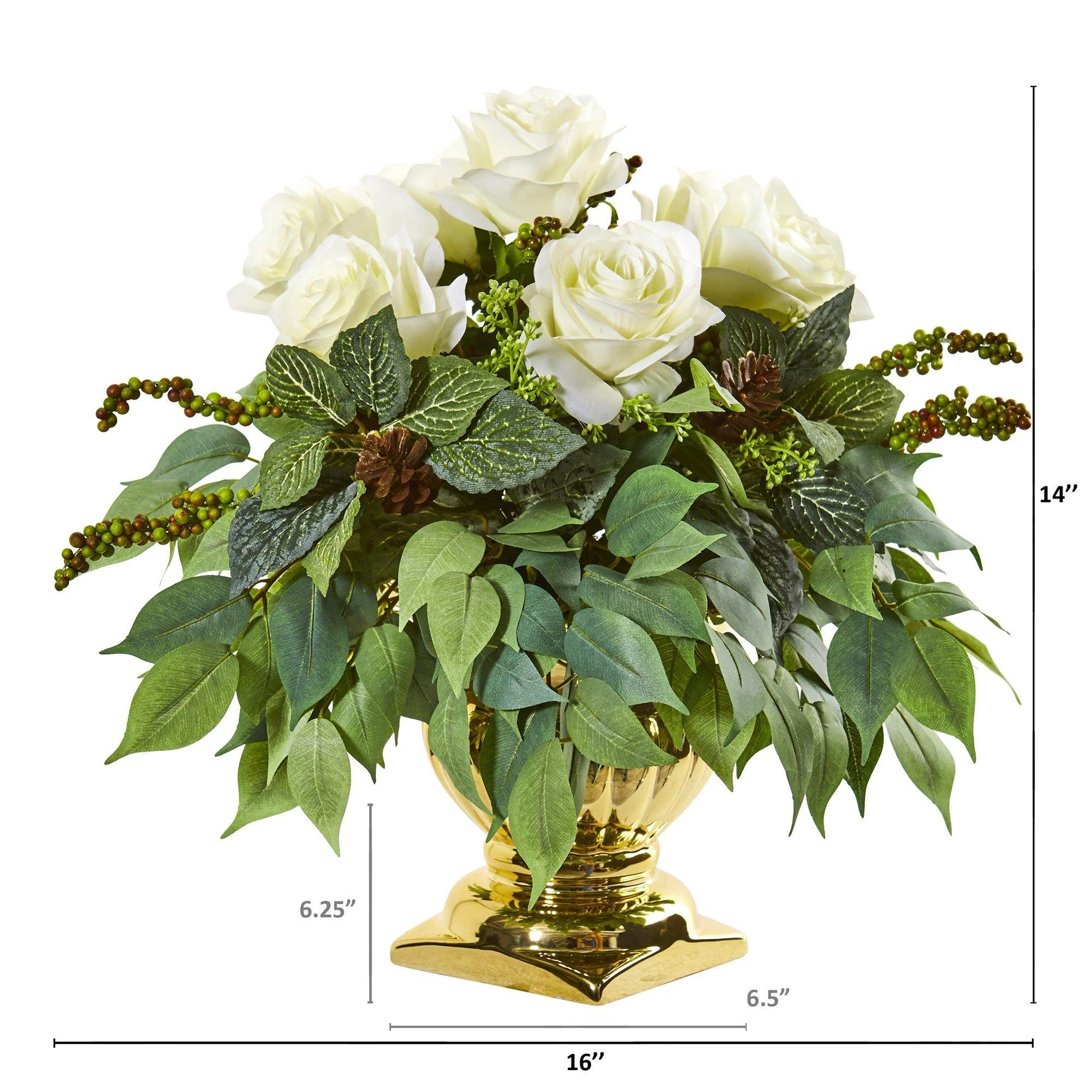 14” Rose Artificial Arrangement in Gold Urn - Image 2